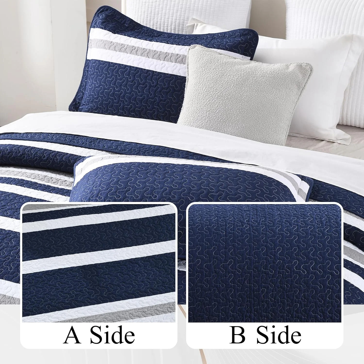 روتختی بزرگ سایز DUOHONG، ابعاد 305x259 سانتی‌متر - 100% پنبه، طرح راه راه، مناسب برای تختخواب‌های کوئین بزرگ، فوق عریض و خیلی بزرگ، لحاف سبک وزن XL، سه تکه، سرمه‌ای/خاکستری/سفید