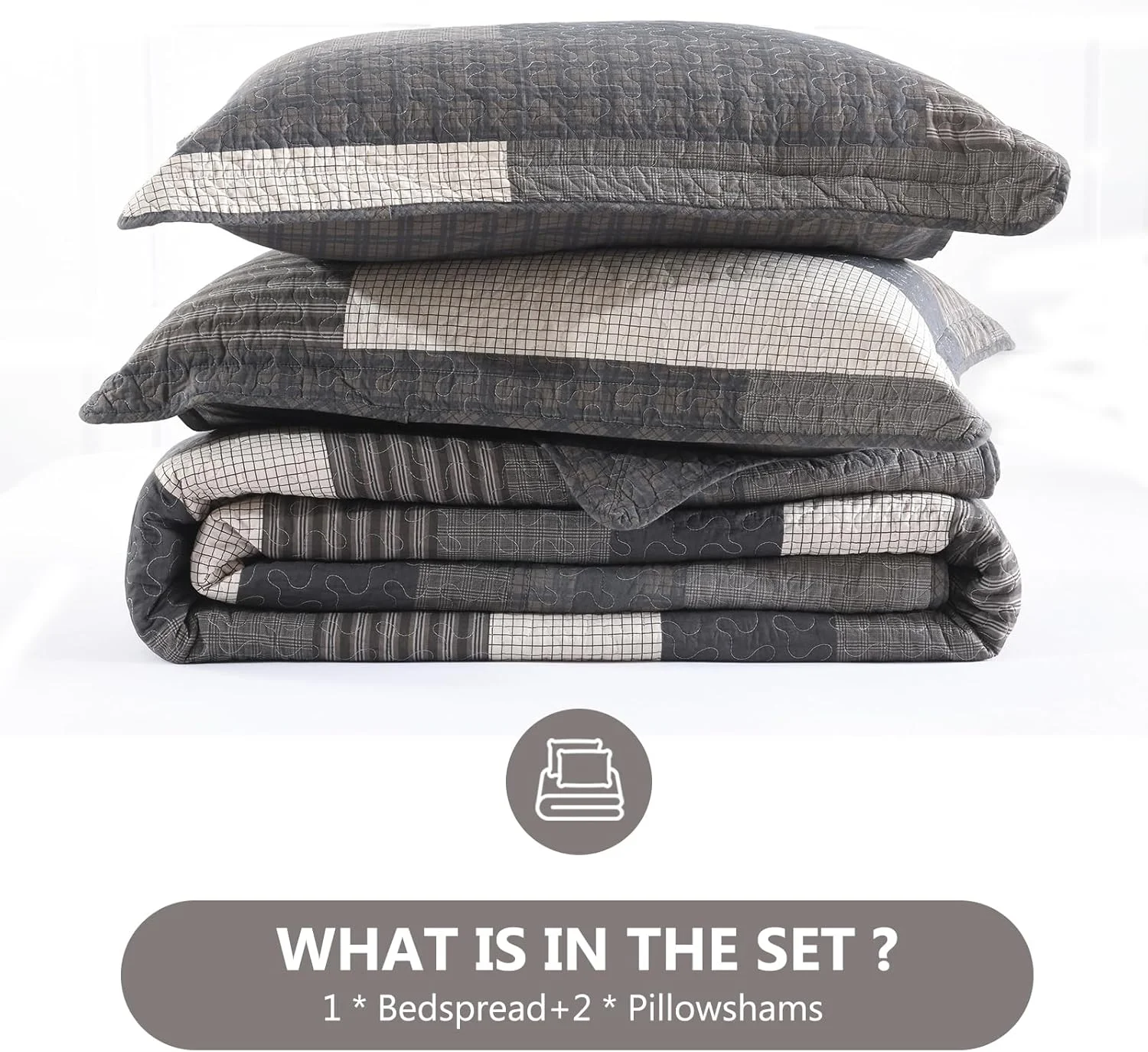 DUOHONG 100% Cotton 120"x120" Oversized Quilt Bedspread, Plaid Pattern California King Extra Large Quilt Bedding Set, Cal King XL Bed Spread Lightweight Comforter, Brown/Beige/Cream, 3Pcs