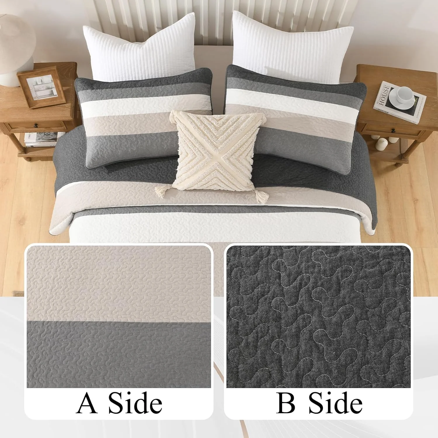 روتختی بسیار بزرگ پنبه ای 100% دوهونگ، طرح راه راه خاکستری، 3 تکه، سایز 325x305 سانتی متر