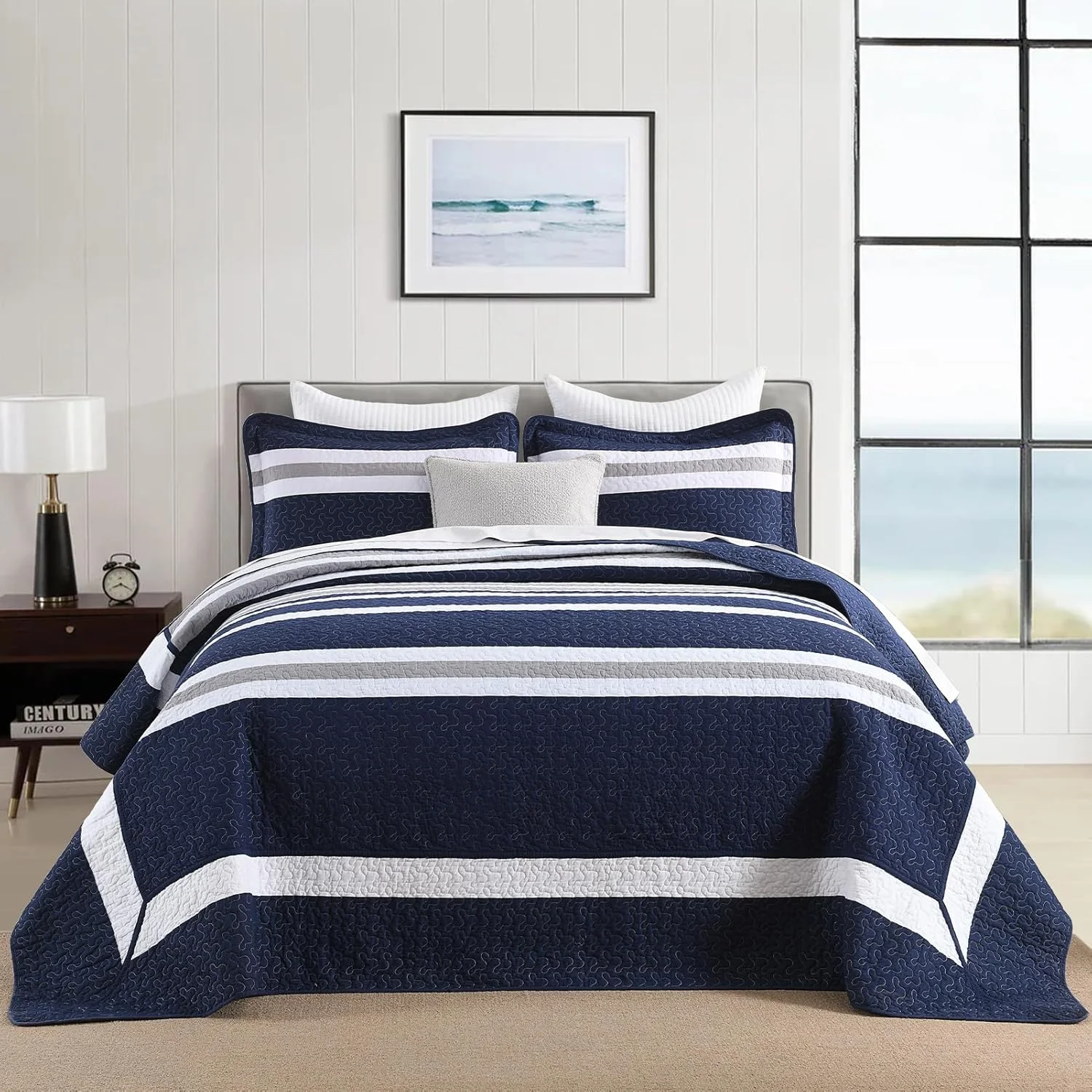 روتختی بزرگ سایز DUOHONG، ابعاد 305x259 سانتی‌متر - 100% پنبه، طرح راه راه، مناسب برای تختخواب‌های کوئین بزرگ، فوق عریض و خیلی بزرگ، لحاف سبک وزن XL، سه تکه، سرمه‌ای/خاکستری/سفید