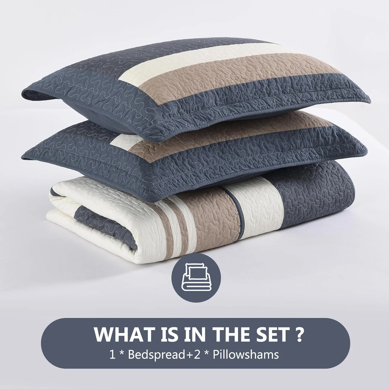 روتختی بزرگ سایز DUOHONG، 325x305 سانتی متر - 100% پنبه، طرح راه راه، مناسب تخت کالیفرنیا کینگ خیلی بزرگ، لحاف سبک وزن، 3 تکه، سرمه ای/بژ/سفید