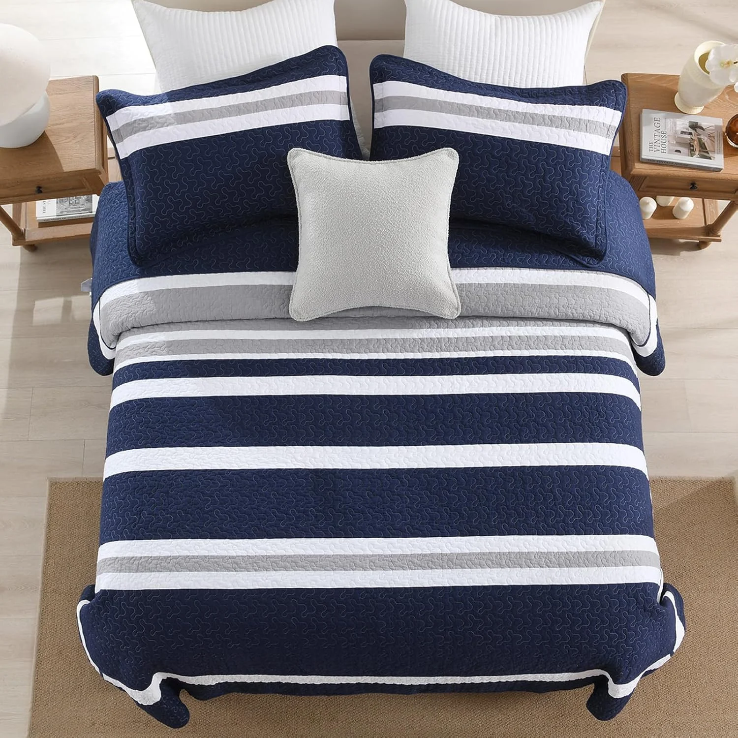 روتختی بزرگ سایز DUOHONG، ابعاد 305x259 سانتی‌متر - 100% پنبه، طرح راه راه، مناسب برای تختخواب‌های کوئین بزرگ، فوق عریض و خیلی بزرگ، لحاف سبک وزن XL، سه تکه، سرمه‌ای/خاکستری/سفید