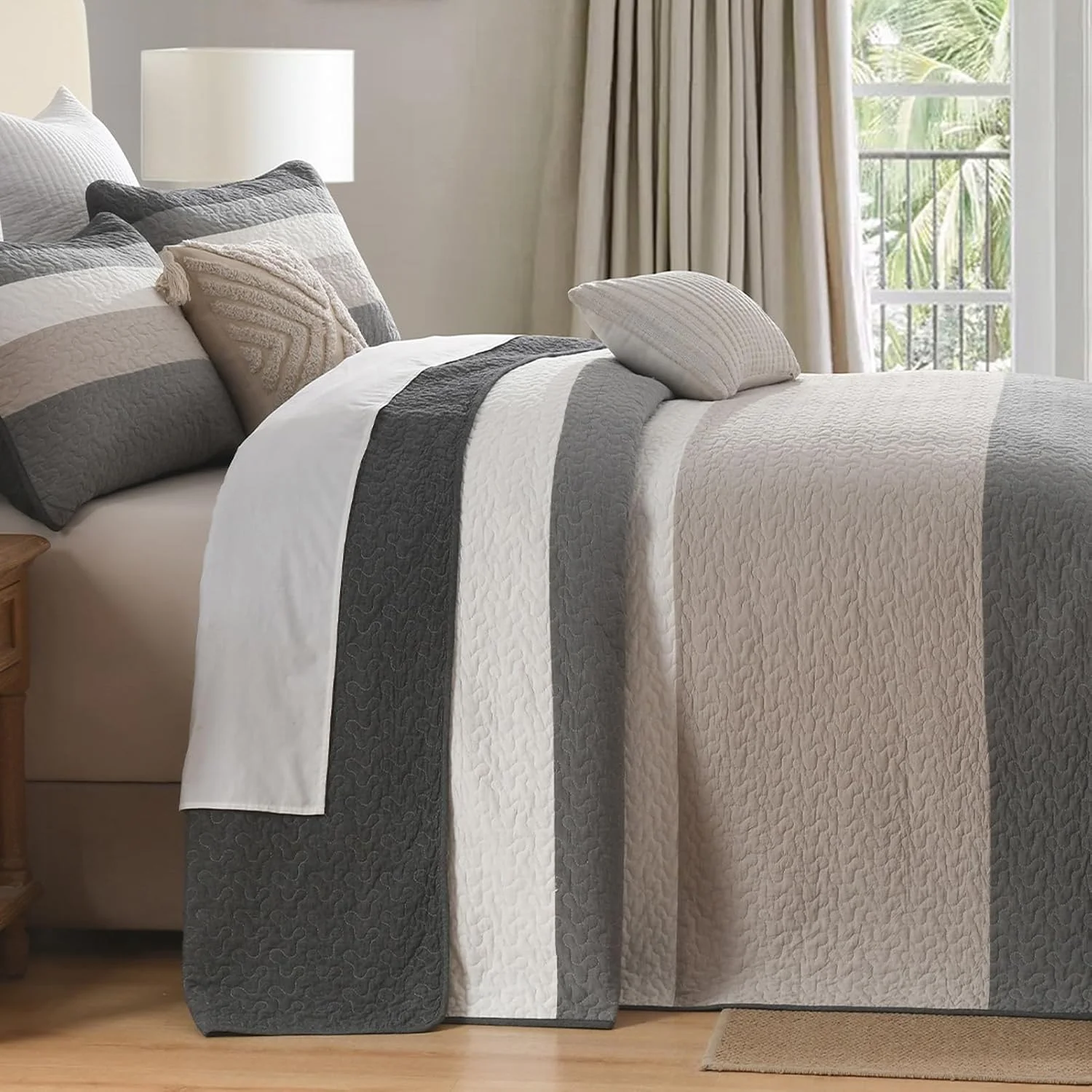 روتختی بزرگ پنبه‌ای 100% دوهونگ، طرح راه راه خاکستری، 3 تکه، سایز 259x305 سانتی‌متر