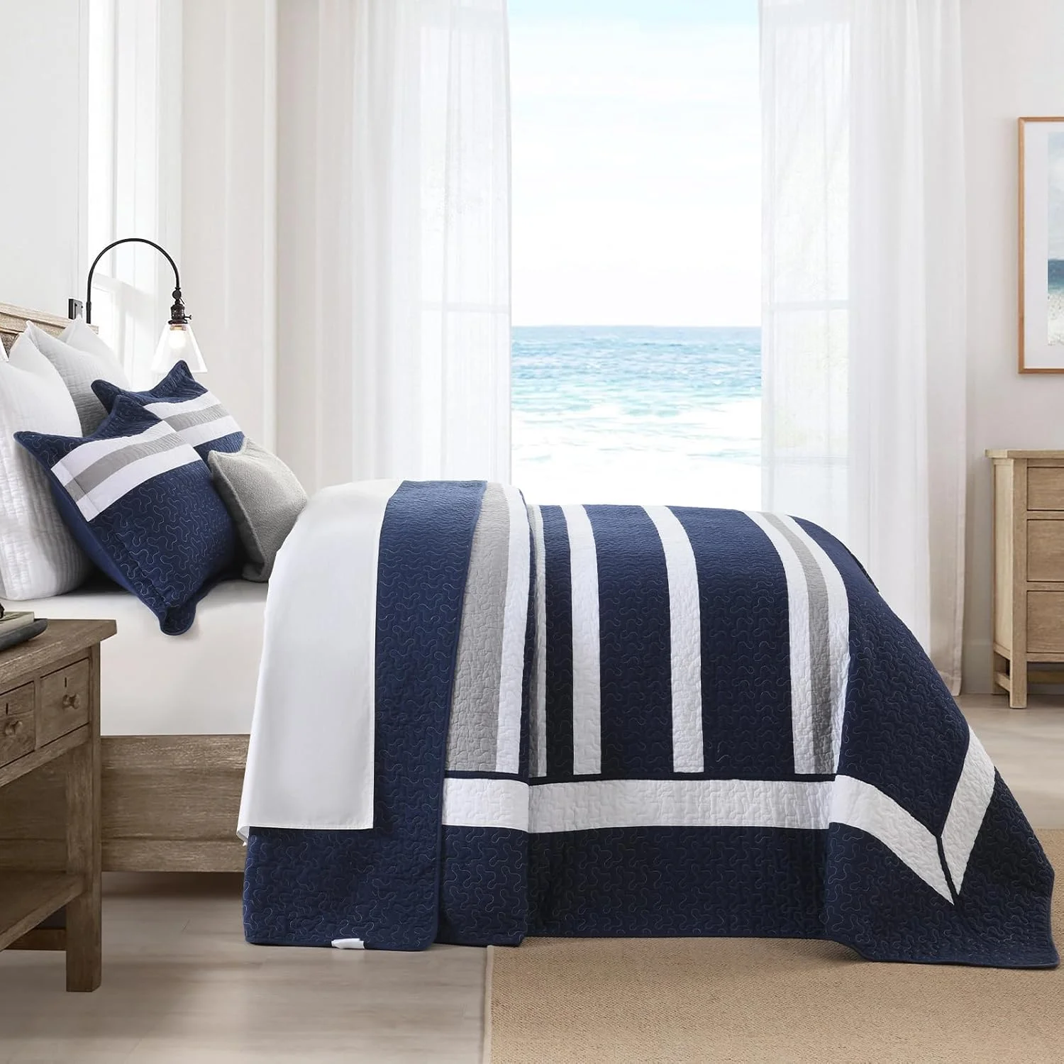 روتختی بزرگ سایز DUOHONG، ابعاد 305x259 سانتی‌متر - 100% پنبه، طرح راه راه، مناسب برای تختخواب‌های کوئین بزرگ، فوق عریض و خیلی بزرگ، لحاف سبک وزن XL، سه تکه، سرمه‌ای/خاکستری/سفید