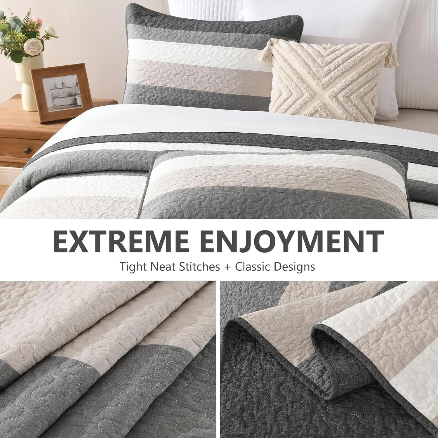 روتختی بزرگ پنبه‌ای 100% دوهونگ، طرح راه راه خاکستری، 3 تکه، سایز 259x305 سانتی‌متر