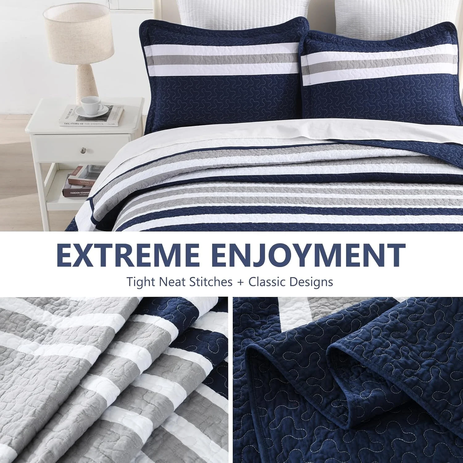 روتختی بزرگ سایز DUOHONG، ابعاد 305x259 سانتی‌متر - 100% پنبه، طرح راه راه، مناسب برای تختخواب‌های کوئین بزرگ، فوق عریض و خیلی بزرگ، لحاف سبک وزن XL، سه تکه، سرمه‌ای/خاکستری/سفید