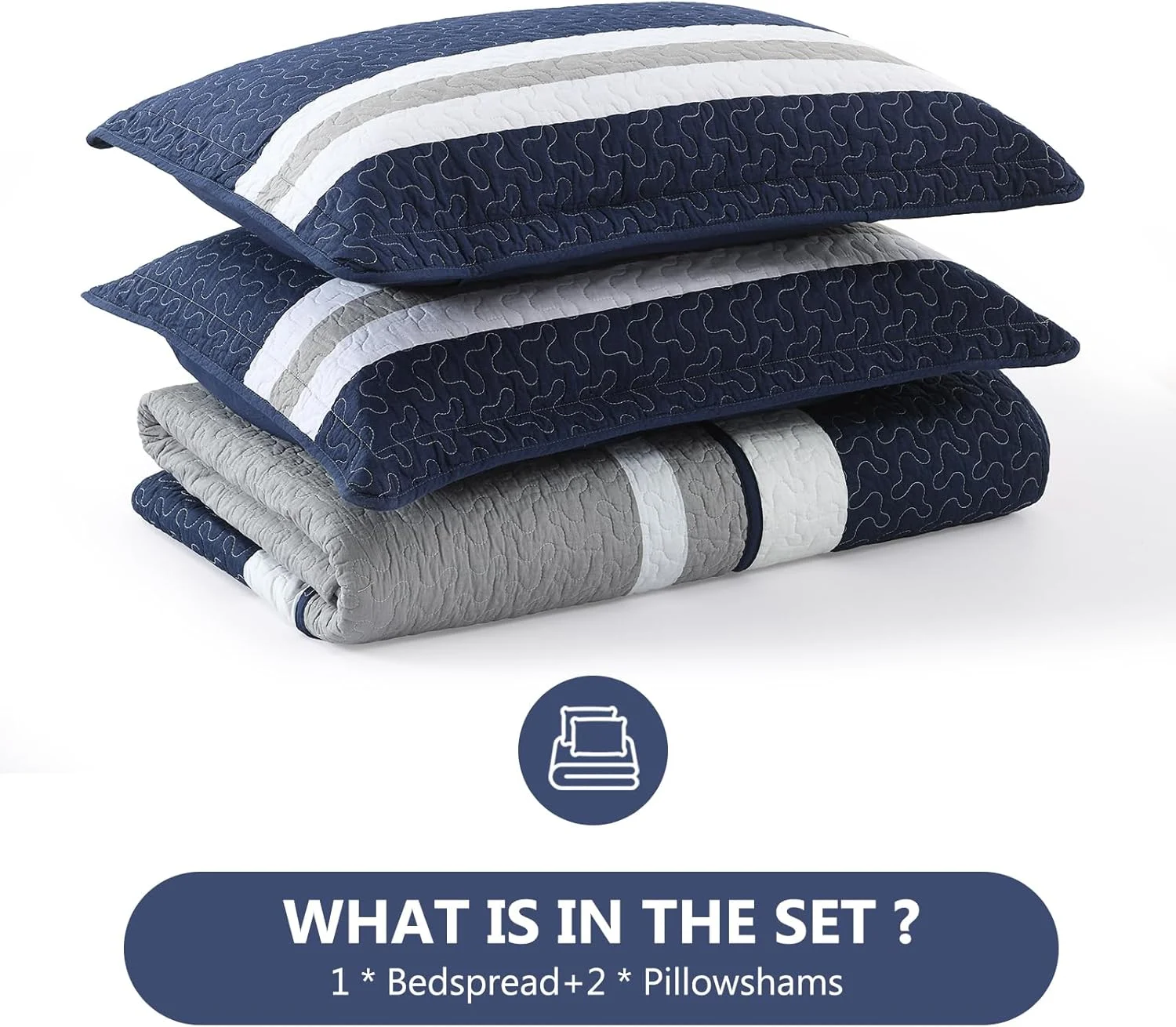 روتختی بزرگ سایز DUOHONG، ابعاد 305x259 سانتی‌متر - 100% پنبه، طرح راه راه، مناسب برای تختخواب‌های کوئین بزرگ، فوق عریض و خیلی بزرگ، لحاف سبک وزن XL، سه تکه، سرمه‌ای/خاکستری/سفید