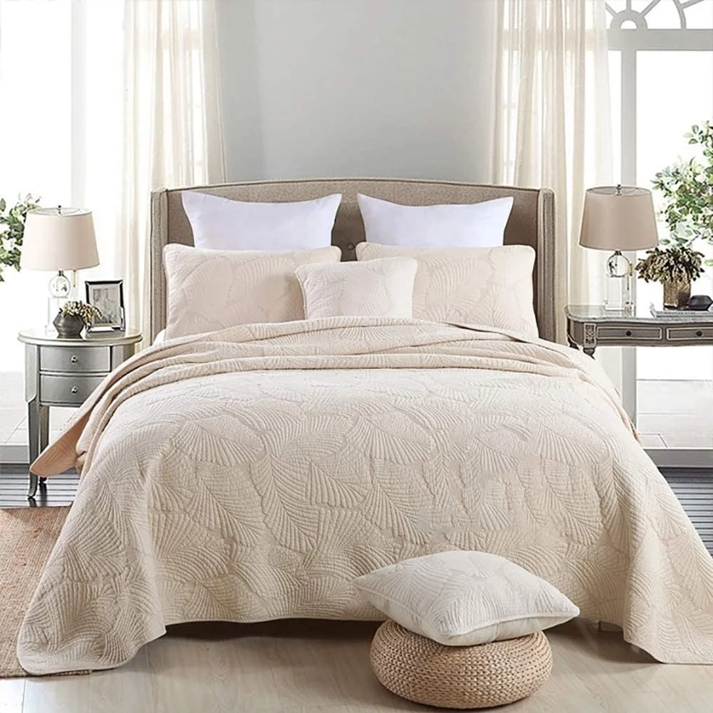 ست روتختی لحافی دو رو طرح برجسته با 2 روبالشتی، رو تختی، ست ملحفه تزئینی، بژ، سایز کینگ