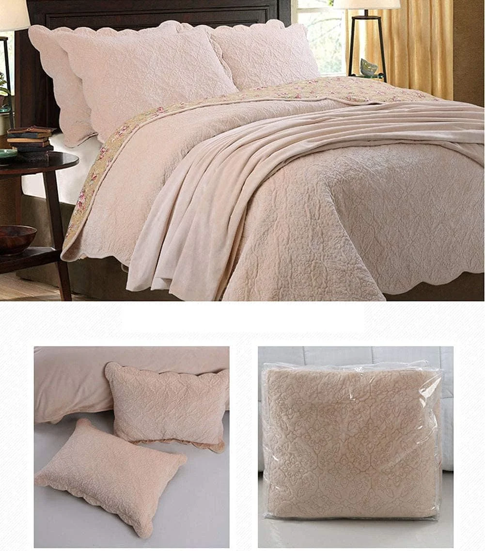 روتختی مخملی ضخیم، گرم و نرم طرح برجسته، لحاف روتختی حاشیه دار، سایز دو نفره و کینگ، شامل 2 روبالشتی، ست روتختی 4 تکه، بژ