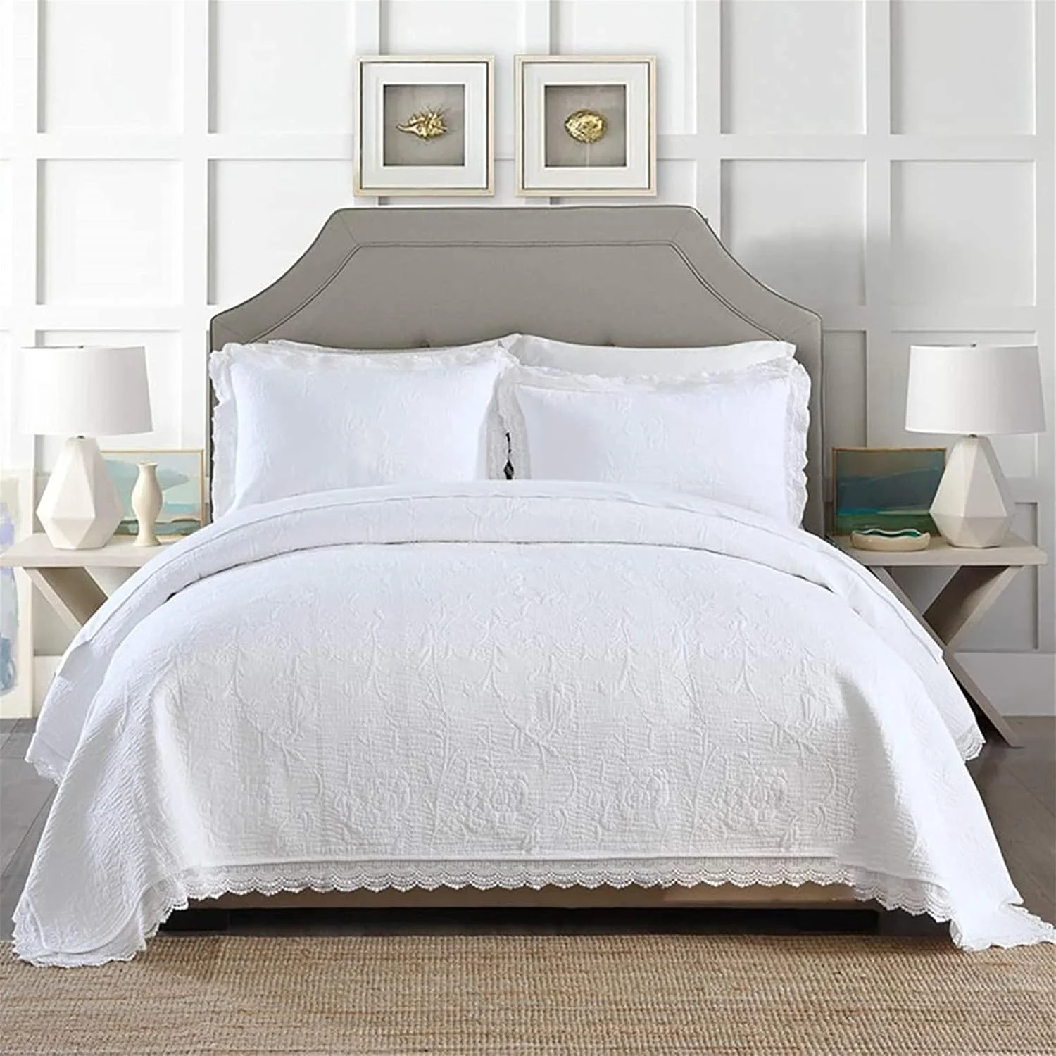 روتختی لحافی برجسته سفید به همراه 2 روبالشتی، لحاف قابل شستشو و با نگهداری آسان، رو تختی دو رو با لبه توری، روکش بزرگ پنبه ای مبل تختخواب شو برای دکور اتاق خواب، سفید، 230×250 سانتی متر