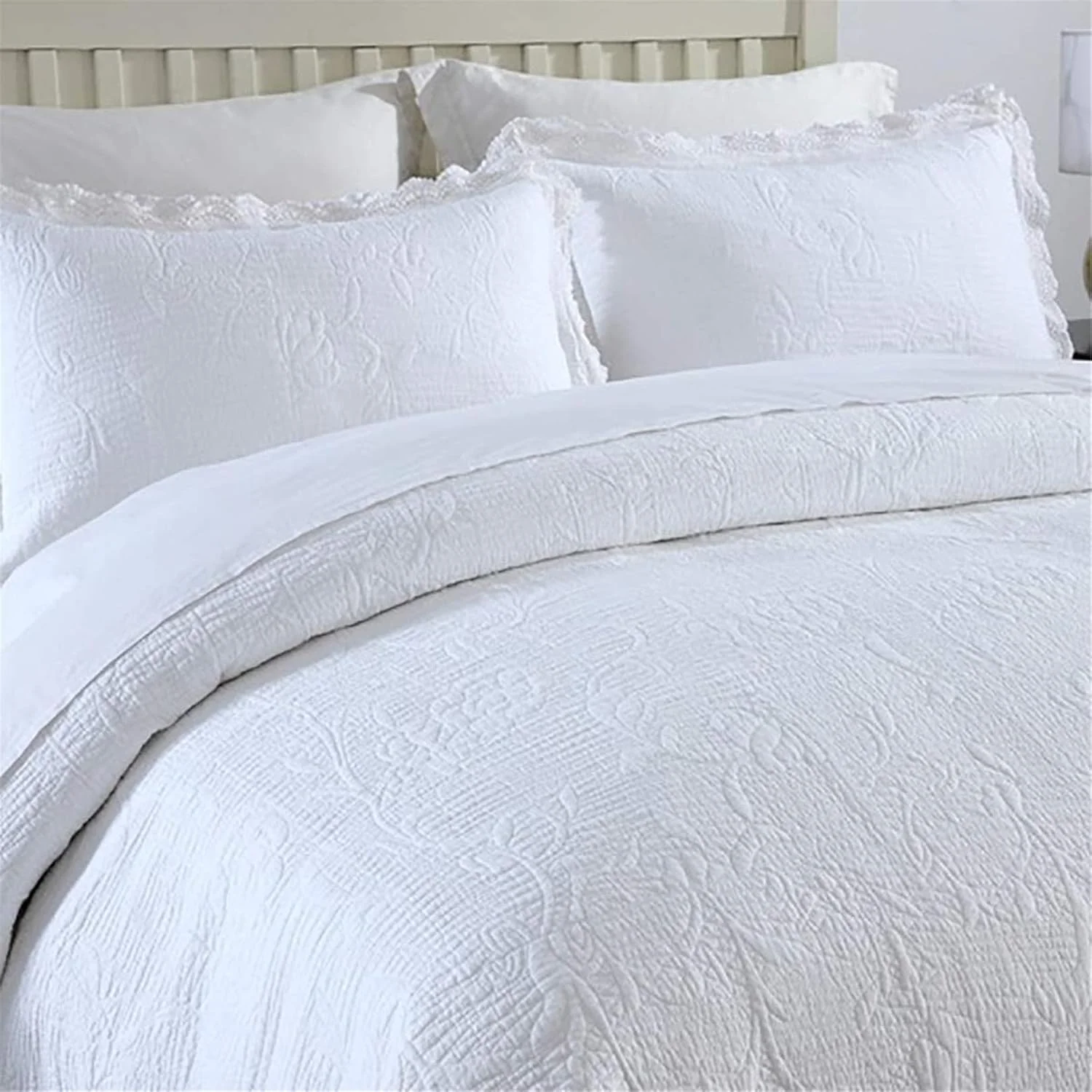 روتختی لحافی برجسته سفید به همراه 2 روبالشتی، لحاف قابل شستشو و با نگهداری آسان، رو تختی دو رو با لبه توری، روکش بزرگ پنبه ای مبل تختخواب شو برای دکور اتاق خواب، سفید، 230×250 سانتی متر