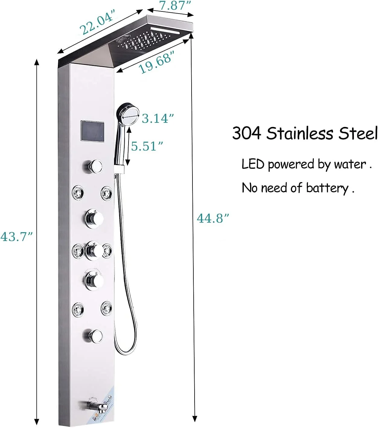 سیستم پنل دوش مدرن FUZMONOERE FUZ، شیرآلات استیل ضد زنگ 6 کاره، سر دوش بارانی آبشاری LED + اسپری دستی + جت های ماساژ بارانی بدن + خروجی آب وان، نیکل برس خورده