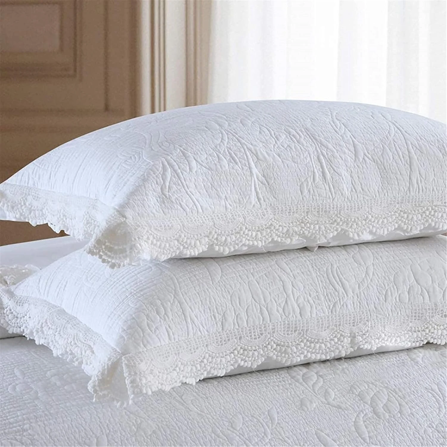 روتختی لحافی برجسته سفید به همراه 2 روبالشتی، لحاف قابل شستشو و با نگهداری آسان، رو تختی دو رو با لبه توری، روکش بزرگ پنبه ای مبل تختخواب شو برای دکور اتاق خواب، سفید، 230×250 سانتی متر