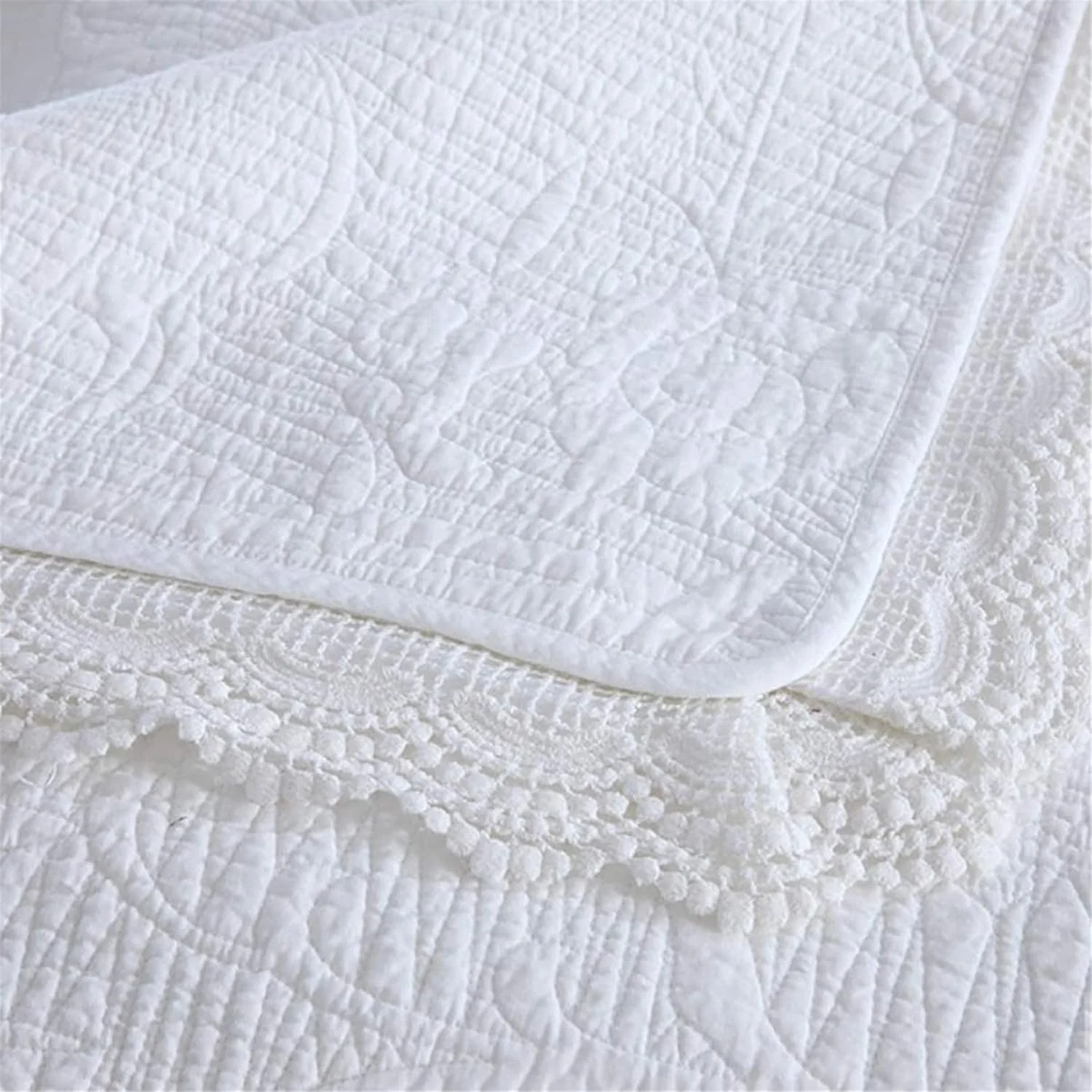 روتختی لحافی برجسته سفید به همراه 2 روبالشتی، لحاف قابل شستشو و با نگهداری آسان، رو تختی دو رو با لبه توری، روکش بزرگ پنبه ای مبل تختخواب شو برای دکور اتاق خواب، سفید، 230×250 سانتی متر