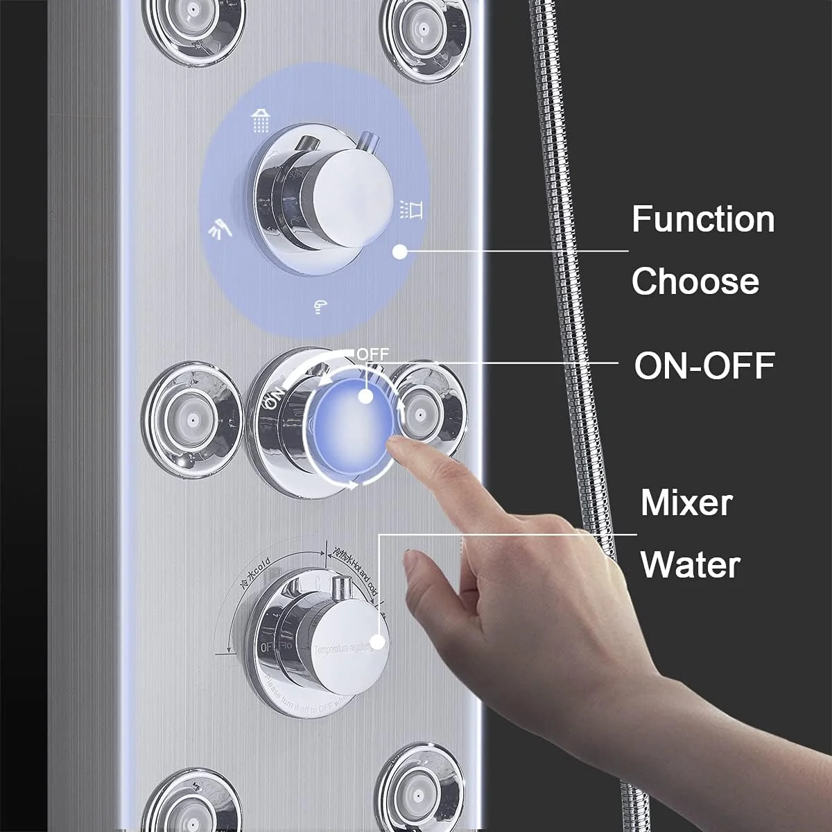 سیستم پنل دوش مدرن FUZMONOERE FUZ، شیرآلات استیل ضد زنگ 6 کاره، سر دوش بارانی آبشاری LED + اسپری دستی + جت های ماساژ بارانی بدن + خروجی آب وان، نیکل برس خورده