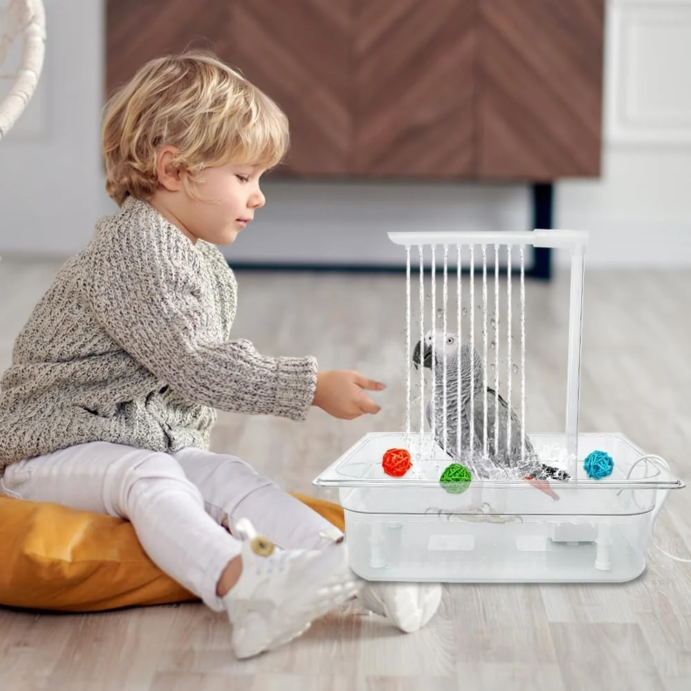 حمام طوطی آزونی با شیر چرخان 180 درجه، حمام دوش پرنده اتوماتیک با USB و دوشاخه برق، ایده آل برای پرندگان متوسط ​​مانند خاکستری آفریقایی، آمازون، کانور، پاراکیت، عروس هلندی