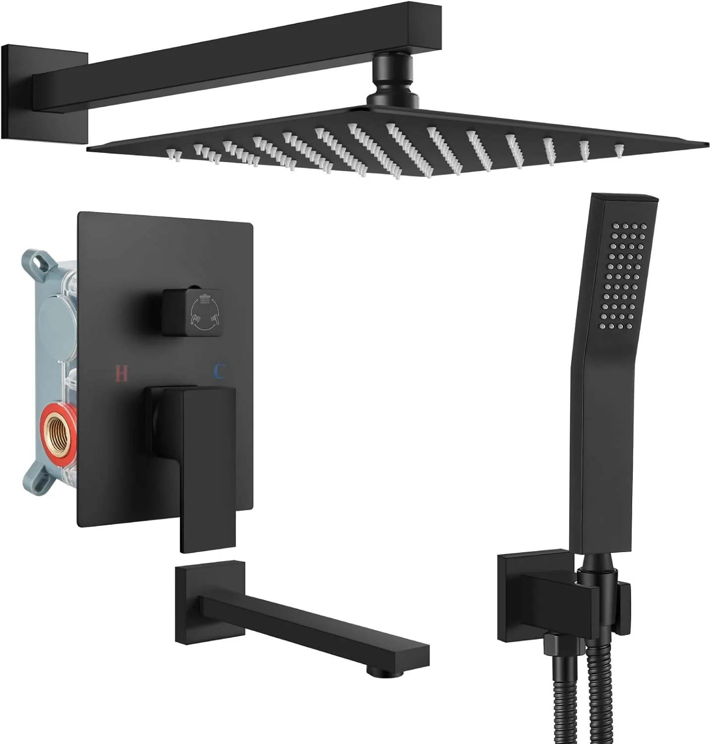 سیستم دوش مشکی مات گوتونوو با شیر وان، ست ترکیبی دوش و وان با 3 عملکرد، سر دوش بارانی 10 اینچی نصب شده روی دیوار با دوش دستی، شیر مخلوط حمام لوکس و کیت تریم سیستم دوش مشکی مات گوتونوو با شیر وان، ست ترکیبی دوش و وان با 3 عملکرد، سر دوش بارانی 10 اینچی نصب شده روی دیوار با دوش دستی، شیر مخلوط حمام لوکس و کیت تریم