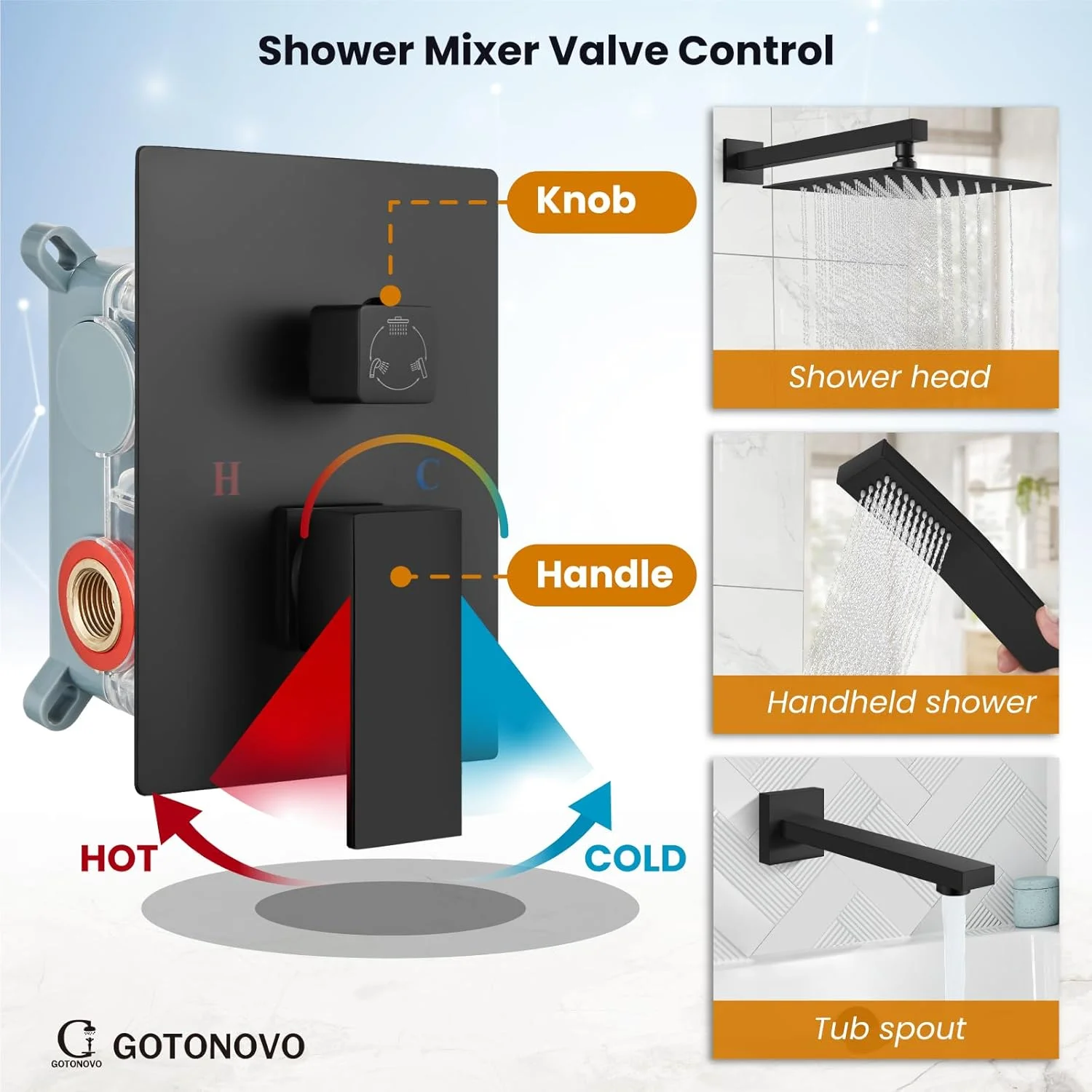 سیستم دوش مشکی مات گوتونوو با شیر وان، ست ترکیبی دوش و وان با 3 عملکرد، سر دوش بارانی 10 اینچی نصب شده روی دیوار با دوش دستی، شیر مخلوط حمام لوکس و کیت تریم سیستم دوش مشکی مات گوتونوو با شیر وان، ست ترکیبی دوش و وان با 3 عملکرد، سر دوش بارانی 10 اینچی نصب شده روی دیوار با دوش دستی، شیر مخلوط حمام لوکس و کیت تریم