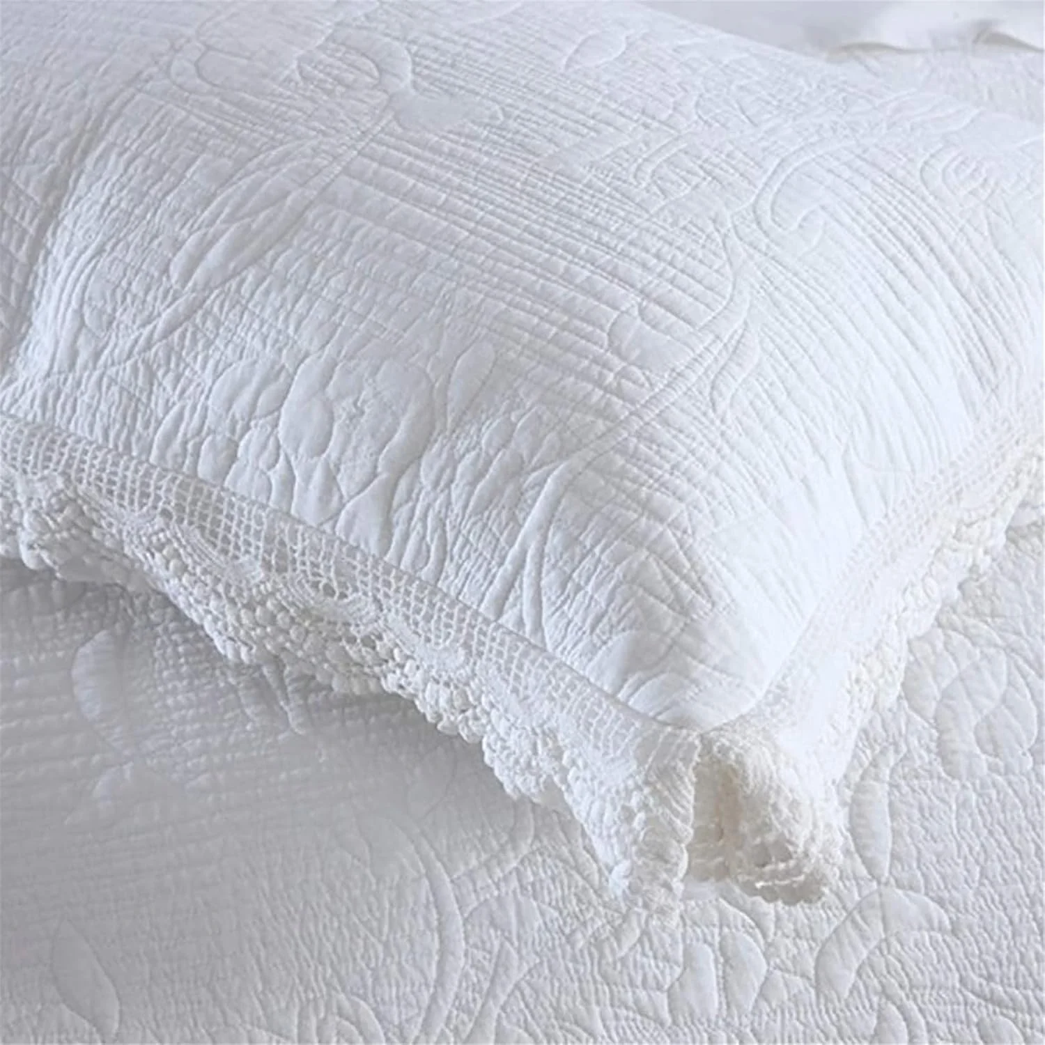 روتختی لحافی برجسته سفید به همراه 2 روبالشتی، لحاف قابل شستشو و با نگهداری آسان، رو تختی دو رو با لبه توری، روکش بزرگ پنبه ای مبل تختخواب شو برای دکور اتاق خواب، سفید، 230×250 سانتی متر