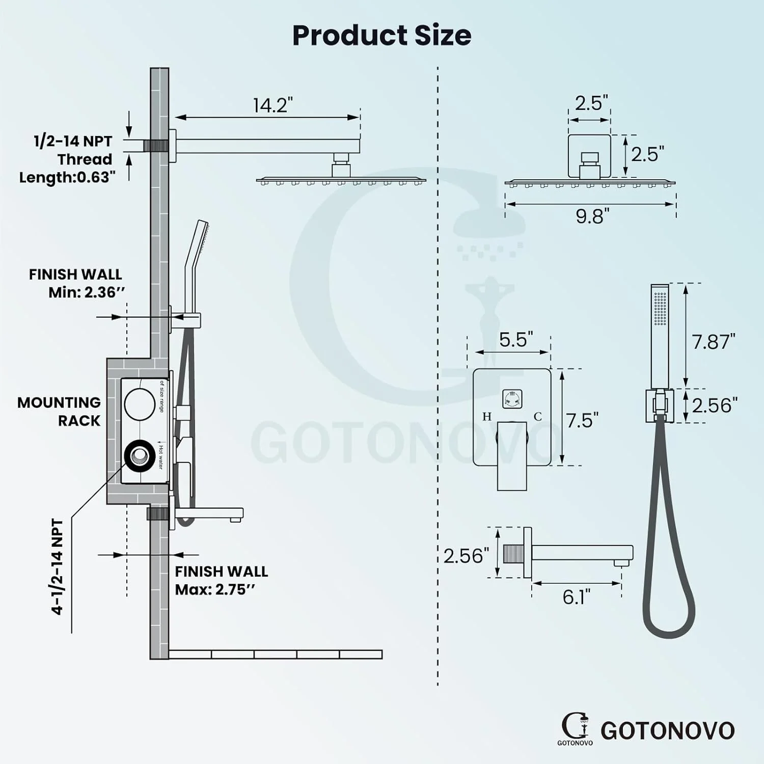 سیستم دوش مشکی مات گوتونوو با شیر وان، ست ترکیبی دوش و وان با 3 عملکرد، سر دوش بارانی 10 اینچی نصب شده روی دیوار با دوش دستی، شیر مخلوط حمام لوکس و کیت تریم سیستم دوش مشکی مات گوتونوو با شیر وان، ست ترکیبی دوش و وان با 3 عملکرد، سر دوش بارانی 10 اینچی نصب شده روی دیوار با دوش دستی، شیر مخلوط حمام لوکس و کیت تریم