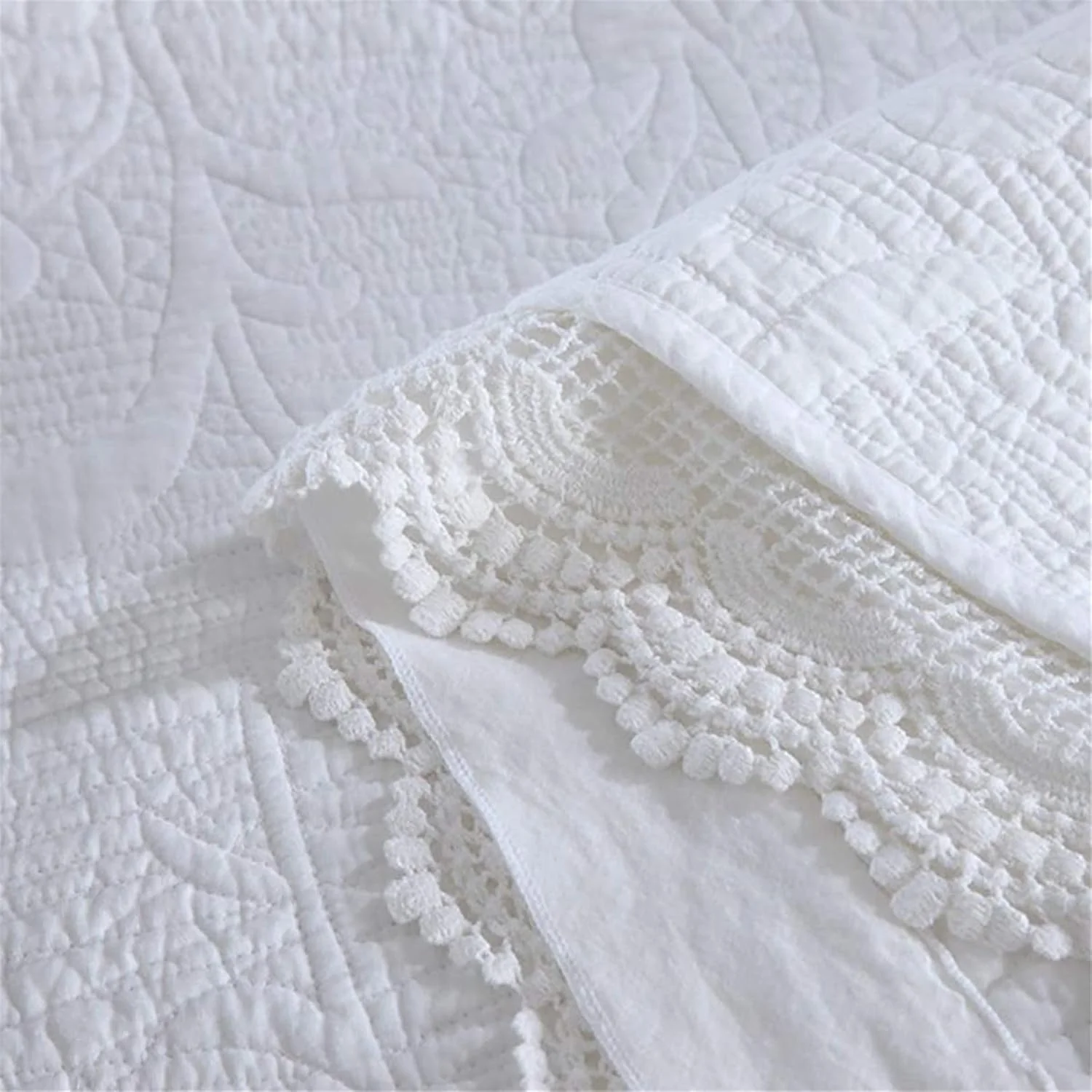 روتختی لحافی برجسته سفید به همراه 2 روبالشتی، لحاف قابل شستشو و با نگهداری آسان، رو تختی دو رو با لبه توری، روکش بزرگ پنبه ای مبل تختخواب شو برای دکور اتاق خواب، سفید، 230×250 سانتی متر