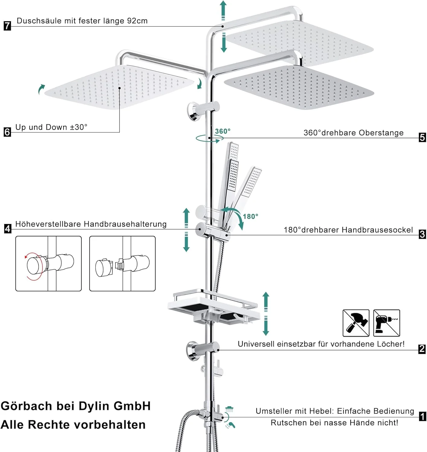 ست دوش حمام گرباخ مدل بارانی با قفسه، میله دوش کروم بدون شیرآلات دوش (35x25) ست دوش حمام گرباخ مدل بارانی با قفسه، میله دوش کروم بدون شیرآلات دوش (35x25)