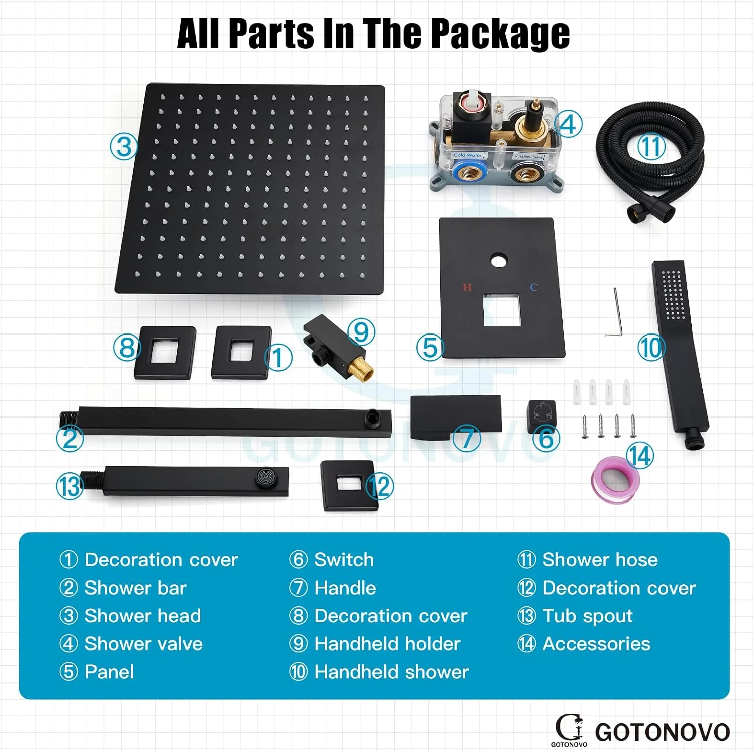 سیستم دوش مشکی مات گوتونوو با شیر وان، ست ترکیبی دوش و وان با 3 عملکرد، سر دوش بارانی 10 اینچی نصب شده روی دیوار با دوش دستی، شیر مخلوط حمام لوکس و کیت تریم سیستم دوش مشکی مات گوتونوو با شیر وان، ست ترکیبی دوش و وان با 3 عملکرد، سر دوش بارانی 10 اینچی نصب شده روی دیوار با دوش دستی، شیر مخلوط حمام لوکس و کیت تریم