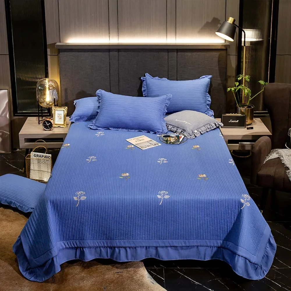 روتختی لحافی درجه یک یک نفره دو نفره ست ملحفه 3 تکه پنبه ای رو تختی لحاف دوزی شده تزئینات گلدوزی نفیس چند منظوره ملحفه/پتوی ضخیم با 2 روبالشتی 50x70 سانتی متر، آبی1-200x230 سانتی متر