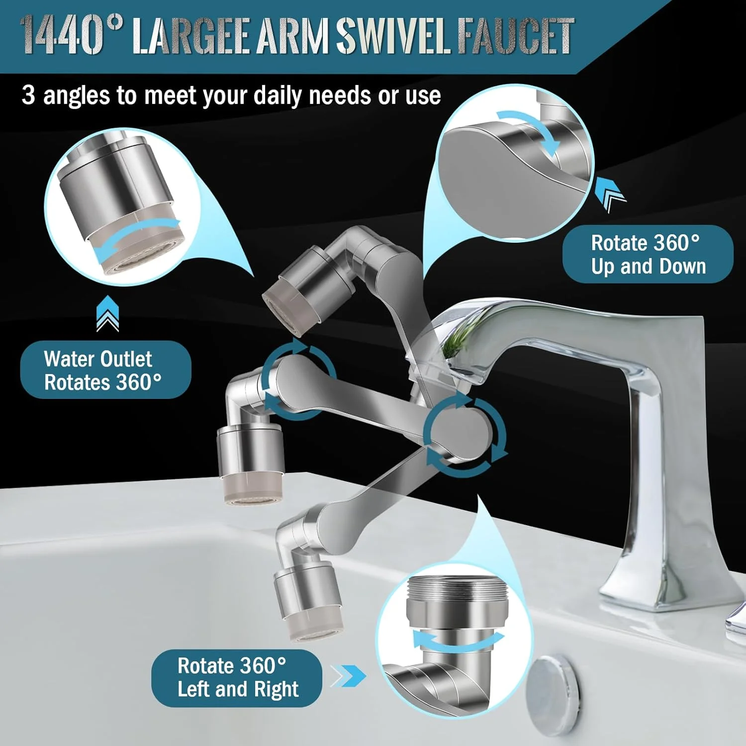 افزایش دهنده شیر آب NINEMAX برای سینک - چرخش 1080 درجه، گسترش دهنده شیر آب جهانی با 2 حالت پاشش برای آشپزخانه، حمام، دستشویی، دوش، استیل ضد زنگ نقره ای