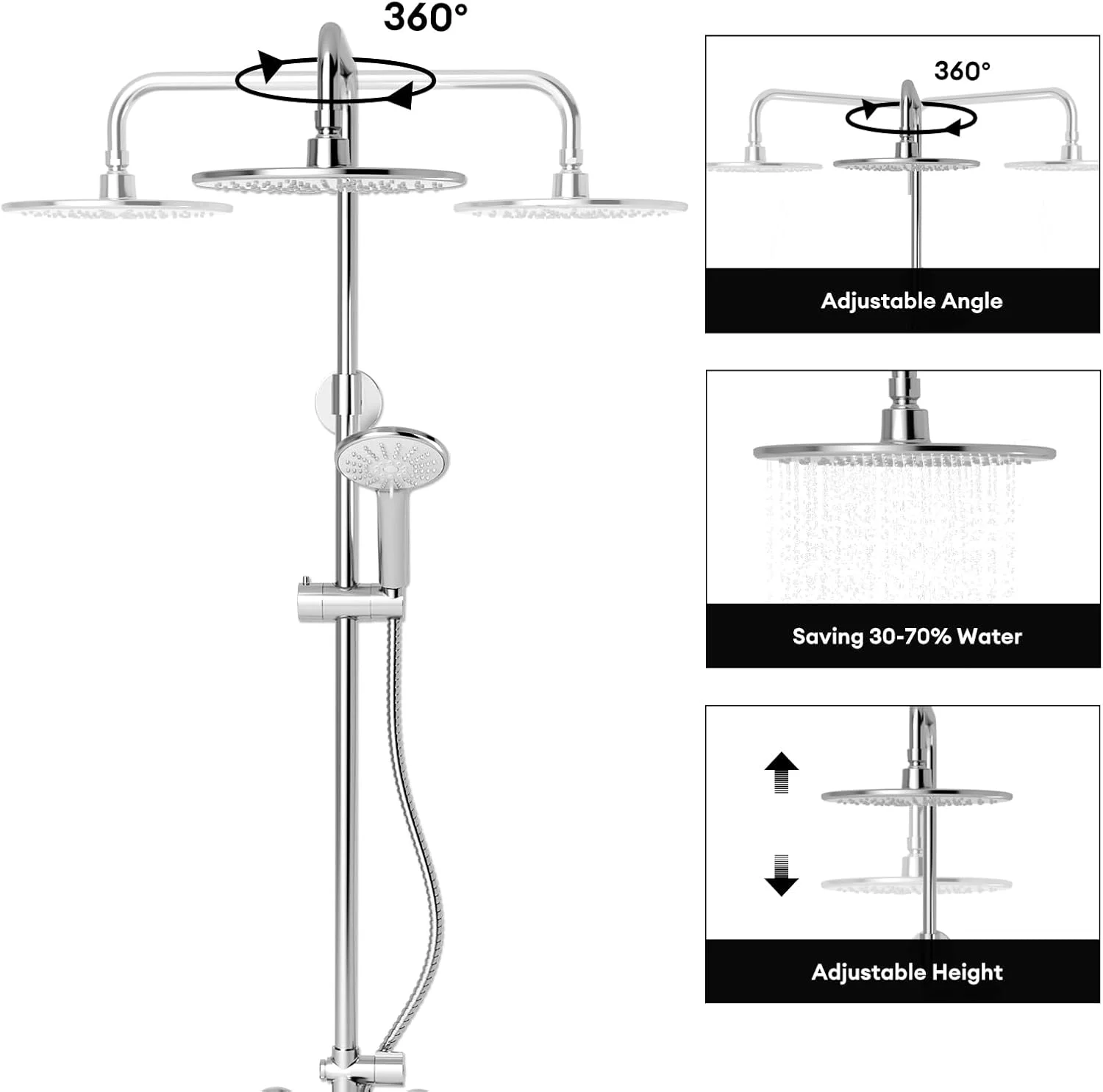 ست دوش حمام JOMOO، سر دوش بارانی فشار قوی 9 اینچی، سر دوش دستی و شیر دوش ترکیبی، سیستم دوش چند منظوره با ارتفاع قابل تنظیم 3 حالته، کروم