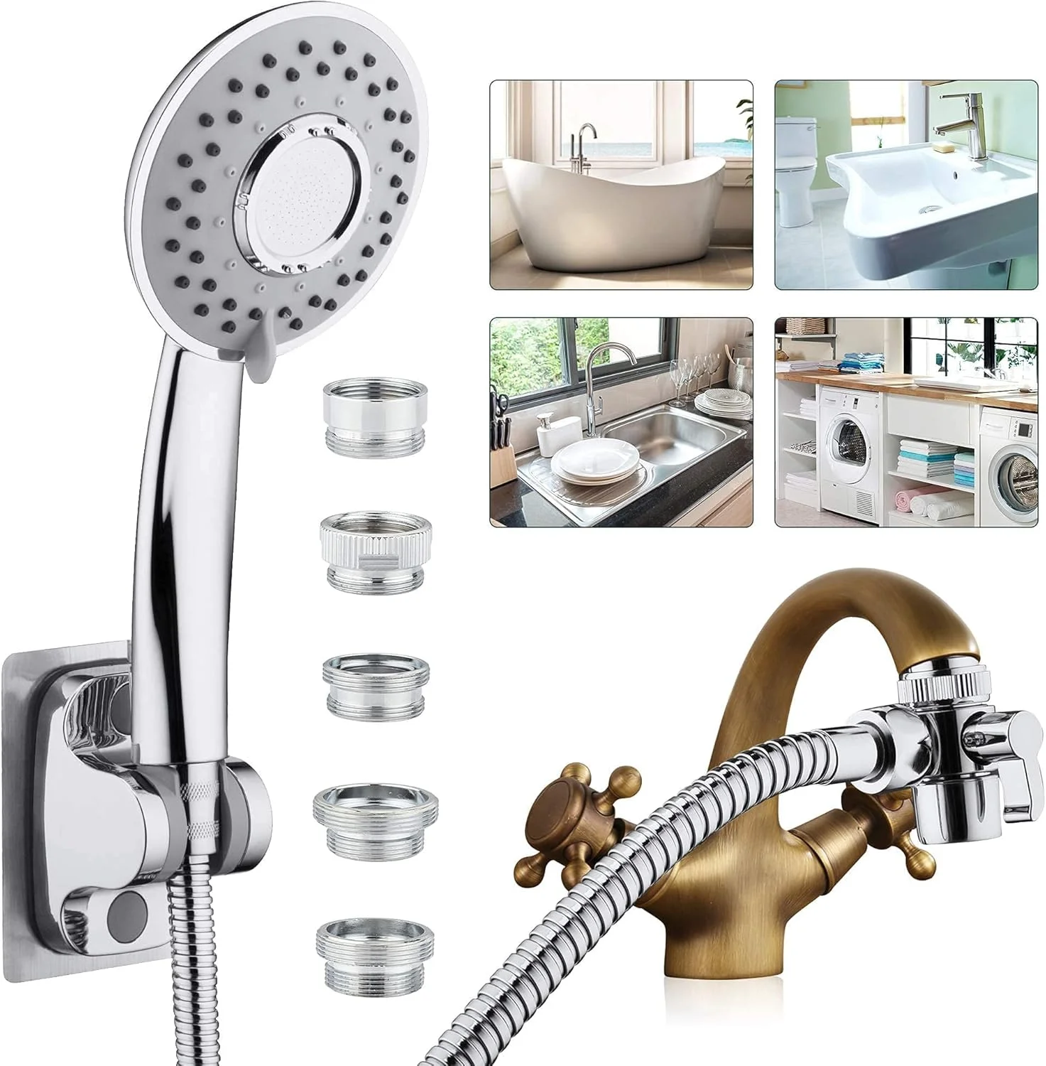 اتصال شلنگ دوش به شیر سینک - افزونه شیر آب با 5 آداپتور برای حمام، شیر آشپزخانه، وان لباسشویی، خروجی رزوه شلنگ باغچه برای دلتا، موئن، کوهلر، امریکن استاندارد اتصال شلنگ دوش به شیر سینک - افزونه شیر آب با 5 آداپتور برای حمام، شیر آشپزخانه، وان لباسشویی، خروجی رزوه شلنگ باغچه برای دلتا، موئن، کوهلر، امریکن استاندارد
