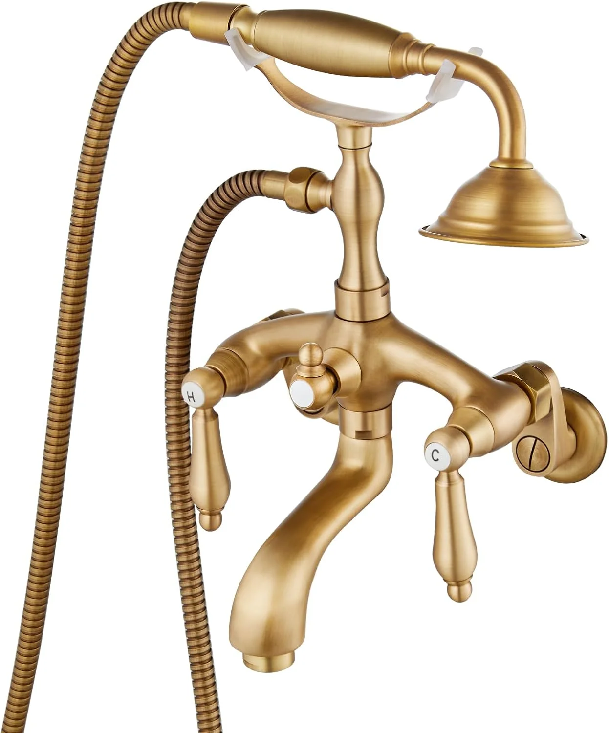 شیر وان حمام دیواری گوتونوو مدل پنجهای 3 3/8 اینچی، برنج عتیقه با دوش دستی تلفنی شکل و دسته دوگانه برای مخلوط کردن آب گرم و سرد به همراه خروجی آب وان شیر وان حمام دیواری گوتونوو مدل پنجهای 3 3/8 اینچی، برنج عتیقه با دوش دستی تلفنی شکل و دسته دوگانه برای مخلوط کردن آب گرم و سرد به همراه خروجی آب وان