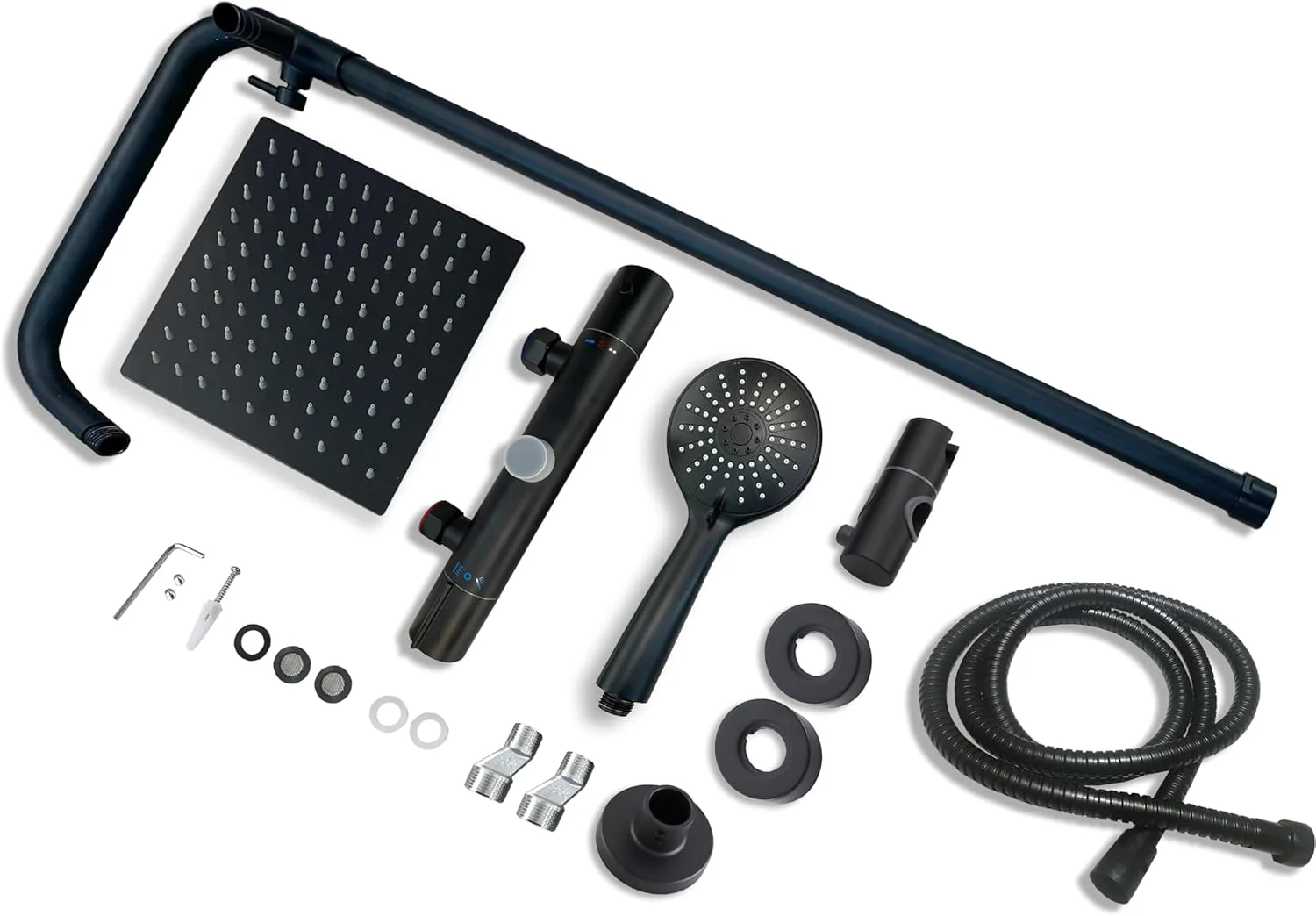 ست شیر دوش ترموستاتیک Huibathroom برای حمام، مربع، مشکی مات، سردوش بارانی طراح دار، گوشی دستی، شیرآلات روکار، شلنگ و میله