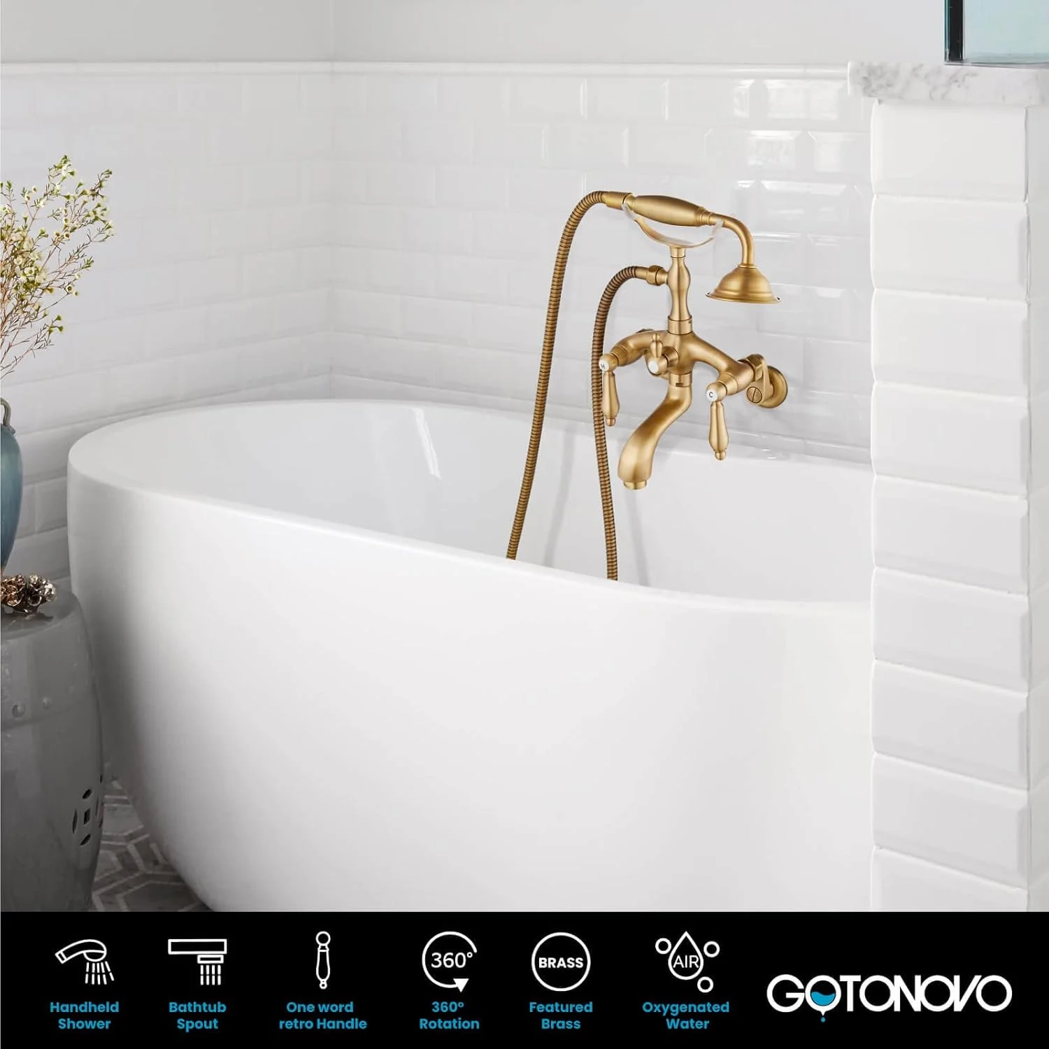 شیر وان حمام دیواری گوتونوو مدل پنجهای 3 3/8 اینچی، برنج عتیقه با دوش دستی تلفنی شکل و دسته دوگانه برای مخلوط کردن آب گرم و سرد به همراه خروجی آب وان شیر وان حمام دیواری گوتونوو مدل پنجهای 3 3/8 اینچی، برنج عتیقه با دوش دستی تلفنی شکل و دسته دوگانه برای مخلوط کردن آب گرم و سرد به همراه خروجی آب وان