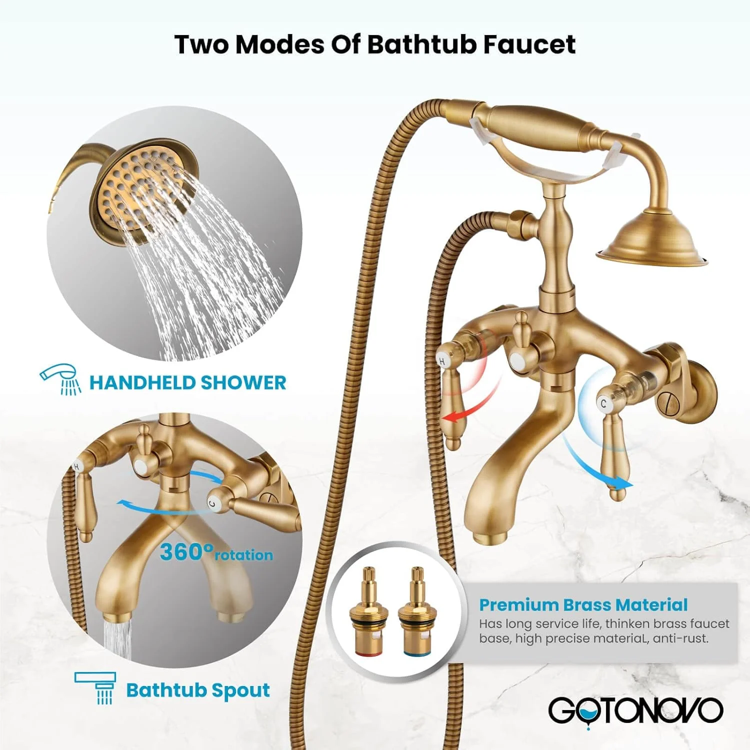 شیر وان حمام دیواری گوتونوو مدل پنجهای 3 3/8 اینچی، برنج عتیقه با دوش دستی تلفنی شکل و دسته دوگانه برای مخلوط کردن آب گرم و سرد به همراه خروجی آب وان شیر وان حمام دیواری گوتونوو مدل پنجهای 3 3/8 اینچی، برنج عتیقه با دوش دستی تلفنی شکل و دسته دوگانه برای مخلوط کردن آب گرم و سرد به همراه خروجی آب وان