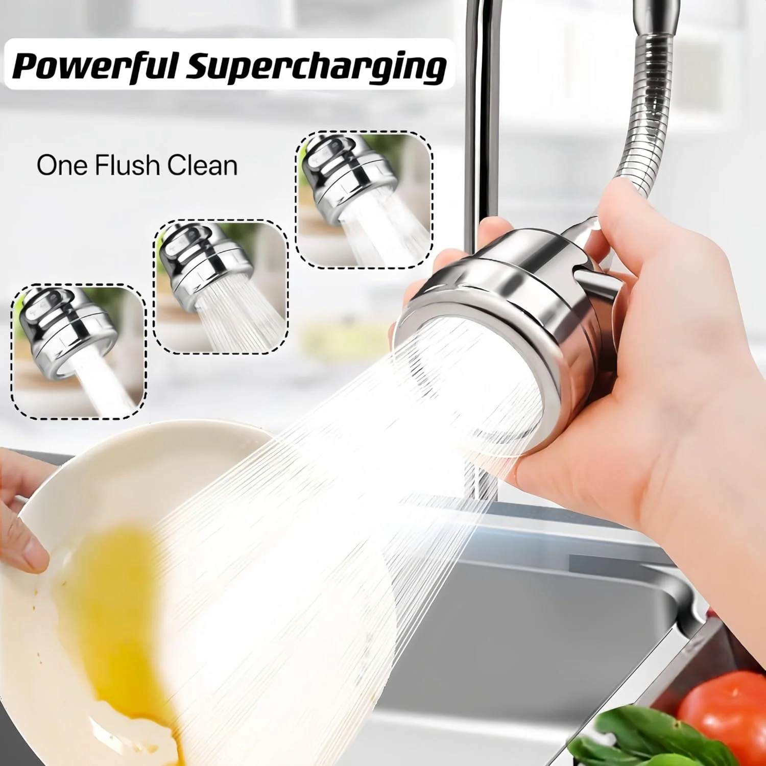 سر شیر آب آشپزخانه BoodLo، نازل شیر آب، گسترش دهنده شیر آب ضد پاشش چرخان 360 درجه با شلنگ، 3 حالت، با اتصال اسپری سر شیر آب، برای حمام آشپزخانه