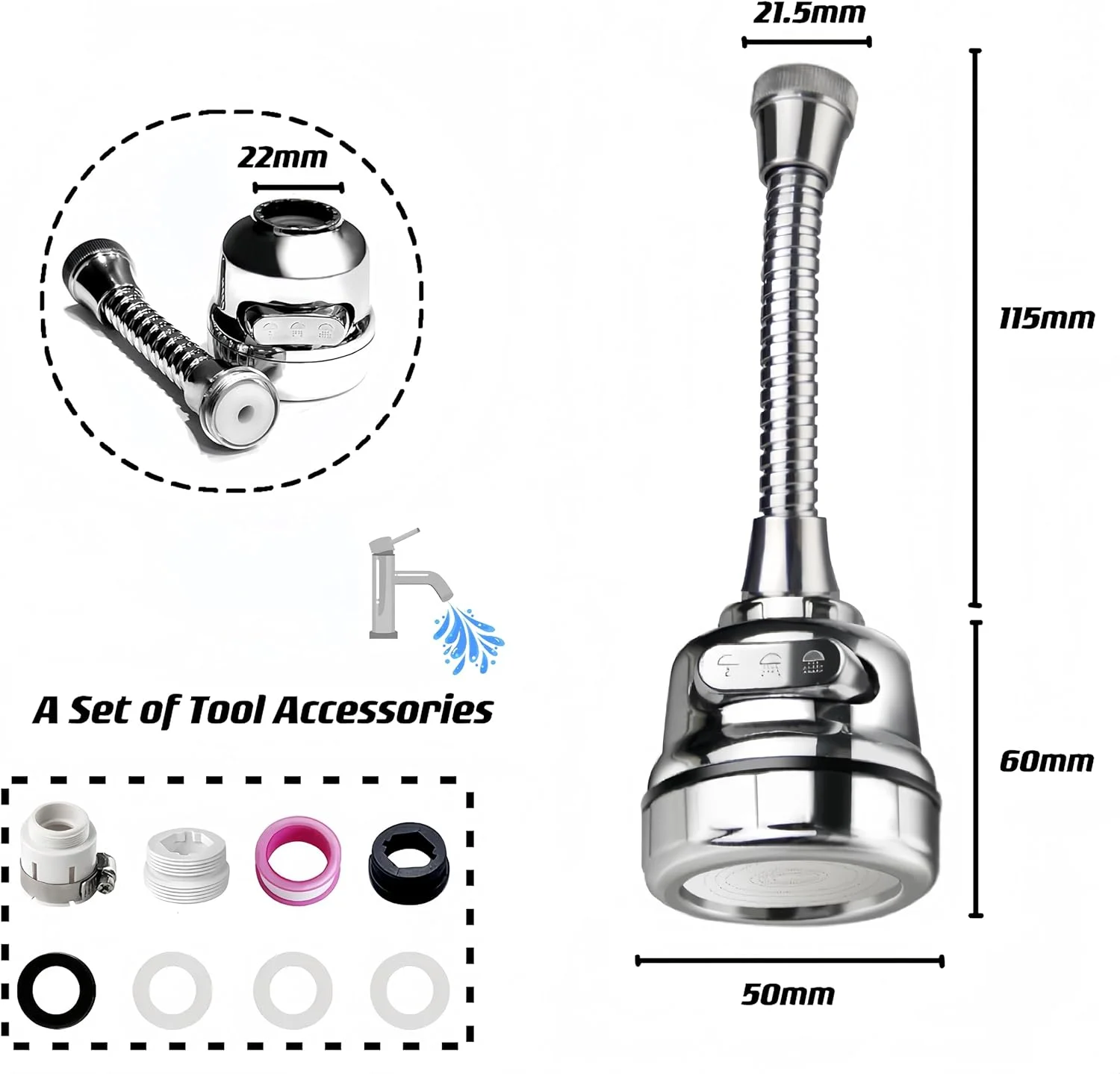 سر شیر آب آشپزخانه BoodLo، نازل شیر آب، گسترش دهنده شیر آب ضد پاشش چرخان 360 درجه با شلنگ، 3 حالت، با اتصال اسپری سر شیر آب، برای حمام آشپزخانه