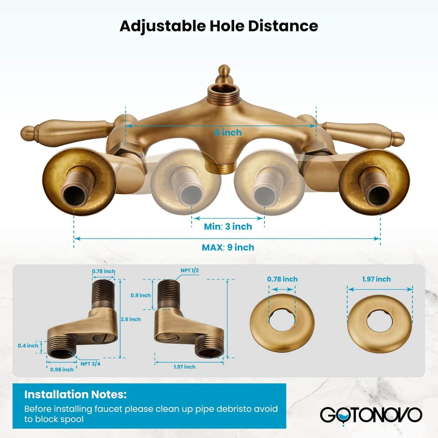شیر وان حمام دیواری گوتونوو مدل پنجهای 3 3/8 اینچی، برنج عتیقه با دوش دستی تلفنی شکل و دسته دوگانه برای مخلوط کردن آب گرم و سرد به همراه خروجی آب وان شیر وان حمام دیواری گوتونوو مدل پنجهای 3 3/8 اینچی، برنج عتیقه با دوش دستی تلفنی شکل و دسته دوگانه برای مخلوط کردن آب گرم و سرد به همراه خروجی آب وان