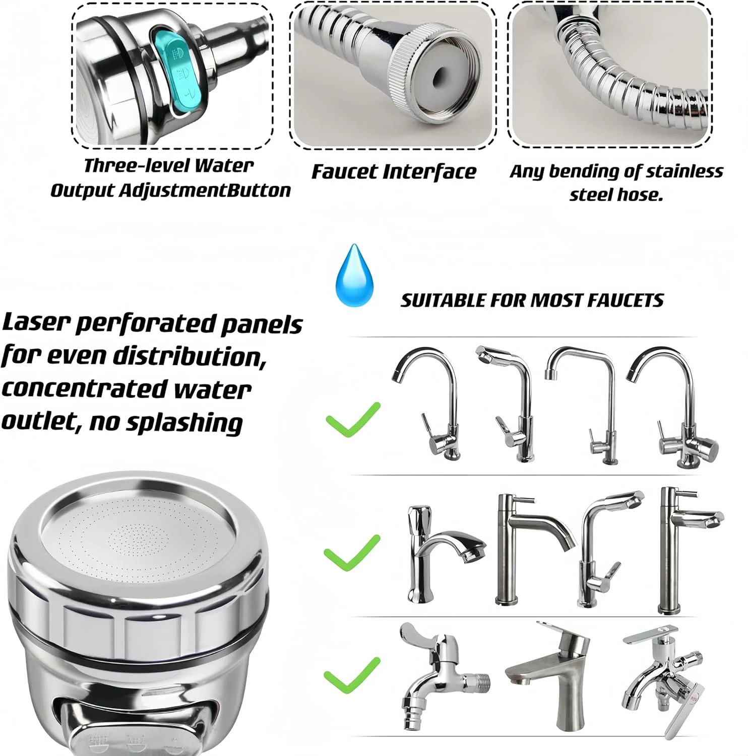 سر شیر آب آشپزخانه BoodLo، نازل شیر آب، گسترش دهنده شیر آب ضد پاشش چرخان 360 درجه با شلنگ، 3 حالت، با اتصال اسپری سر شیر آب، برای حمام آشپزخانه