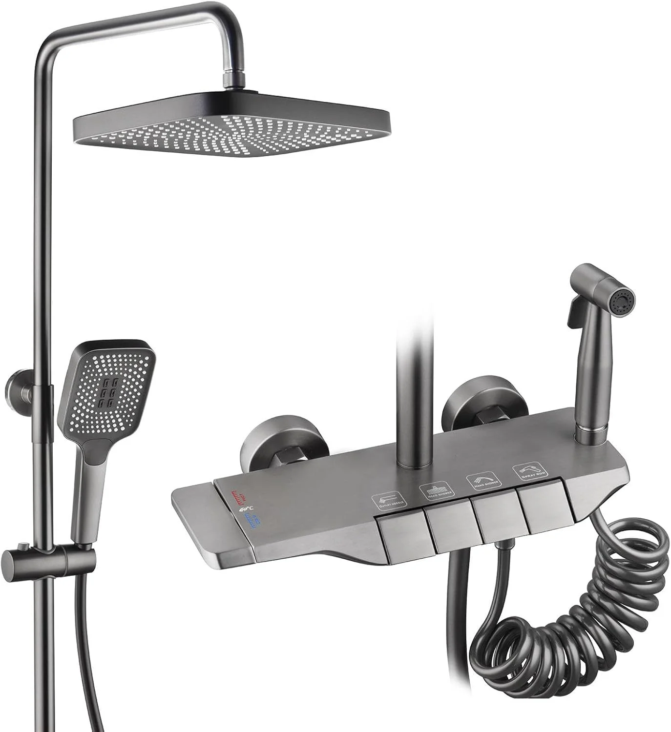 سیستم دوش ترموستاتیک BEITH، ست شیرآلات پیانویی 4 کلید، سردوش مربعی 30 در 21 سانتی متر، با شیر مخفی حمام، شلنگ آبپاش، تمیز کردن آسان