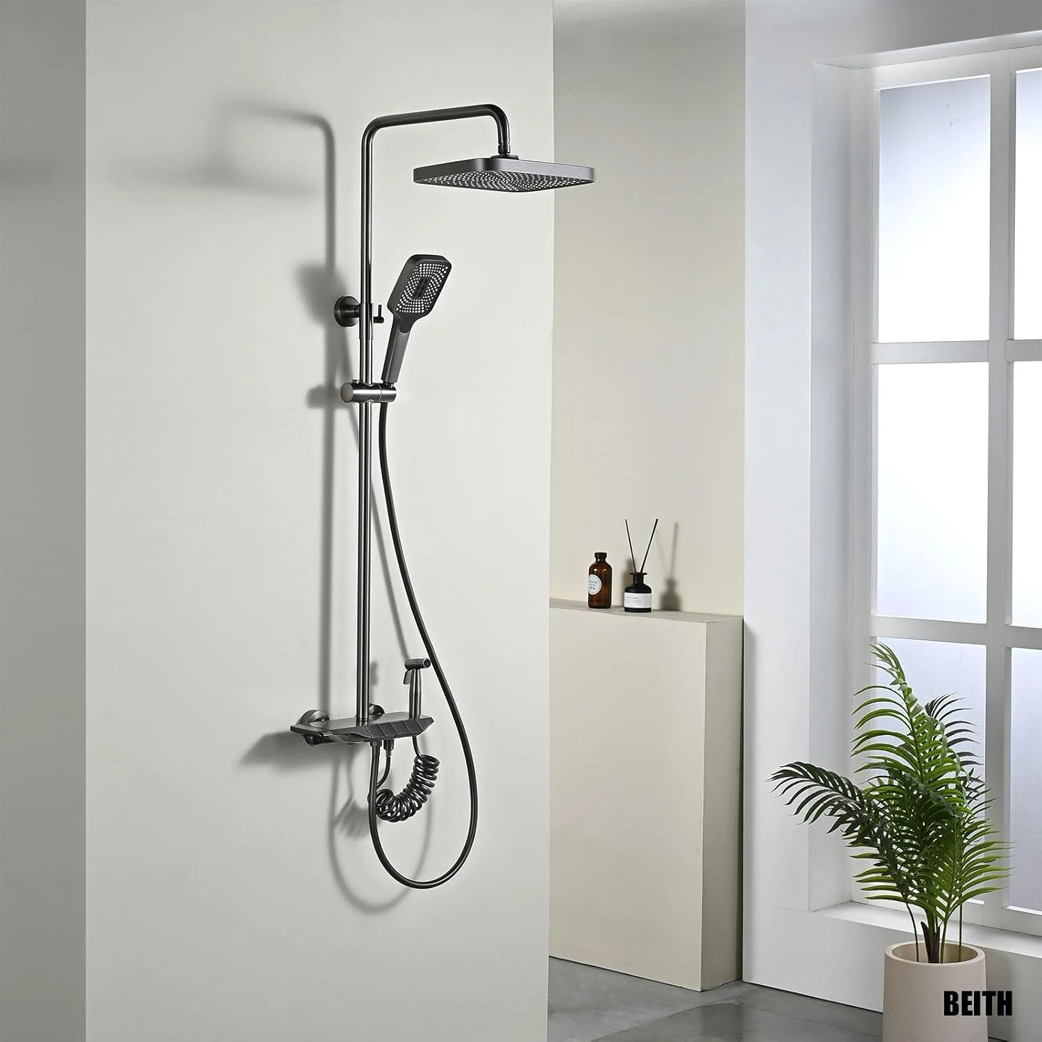 سیستم دوش ترموستاتیک BEITH، ست شیرآلات پیانویی 4 کلید، سردوش مربعی 30 در 21 سانتی متر، با شیر مخفی حمام، شلنگ آبپاش، تمیز کردن آسان