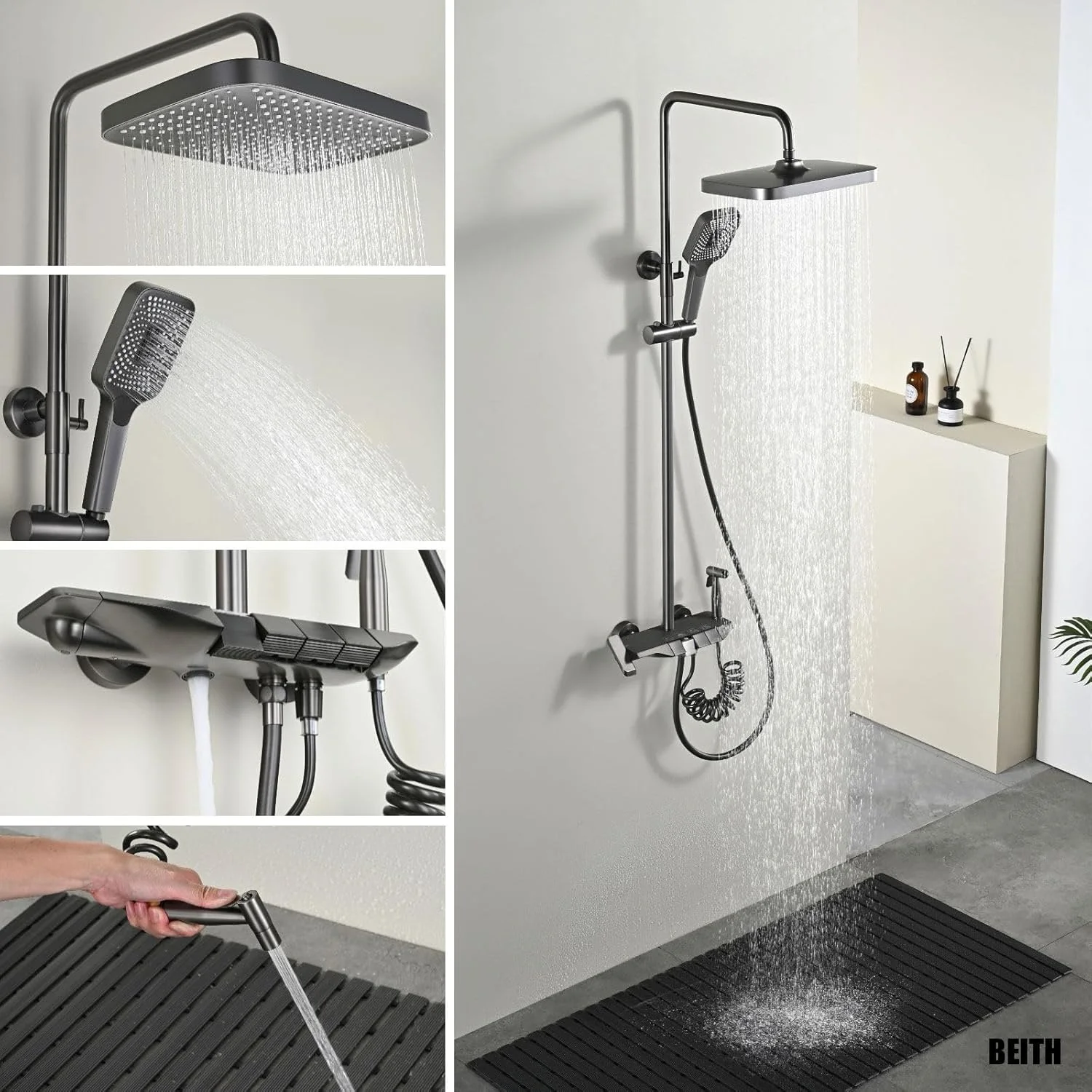 سیستم دوش ترموستاتیک BEITH، ست شیرآلات پیانویی 4 کلید، سردوش مربعی 30 در 21 سانتی متر، با شیر مخفی حمام، شلنگ آبپاش، تمیز کردن آسان