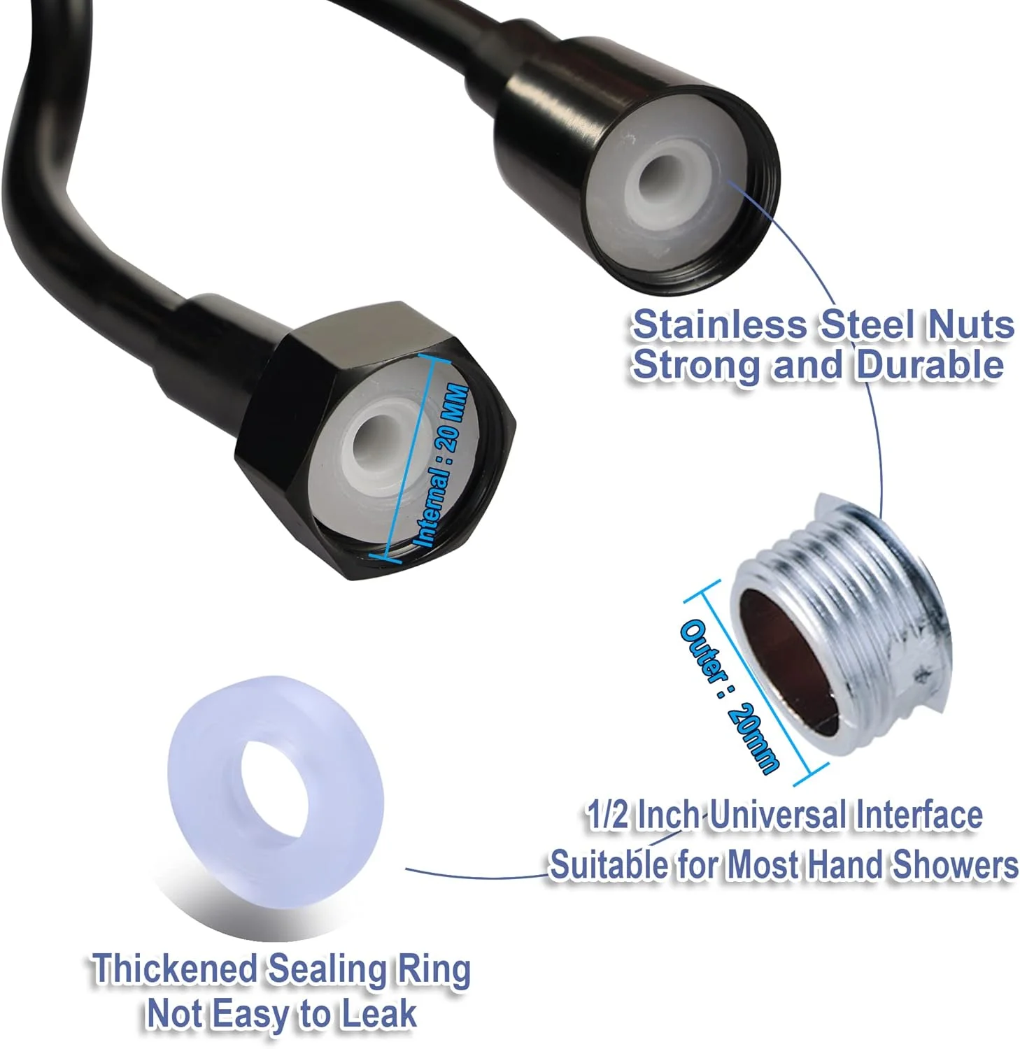 شلنگ دوش فنری انعطاف پذیر Maifey، شلنگ دوش تلسکوپی انعطاف پذیر ABS برای شیر توالت، اسپری بیده، دوش دستی، دوش شیر روشویی، شلنگ دوش فنری مارپیچ حمام - 3 متری (مشکی)