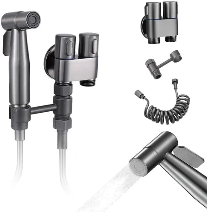 اسپری دستی بیده برای توالت، اتصال بیده برای توالت، دوش اسلامی، کنترل دوگانه، برنجی، کیت اسپری جت شیر حمام برای شستشوی زنانه/شستشوی پوشک، کیت اسپری شیر توالت (مشکی)