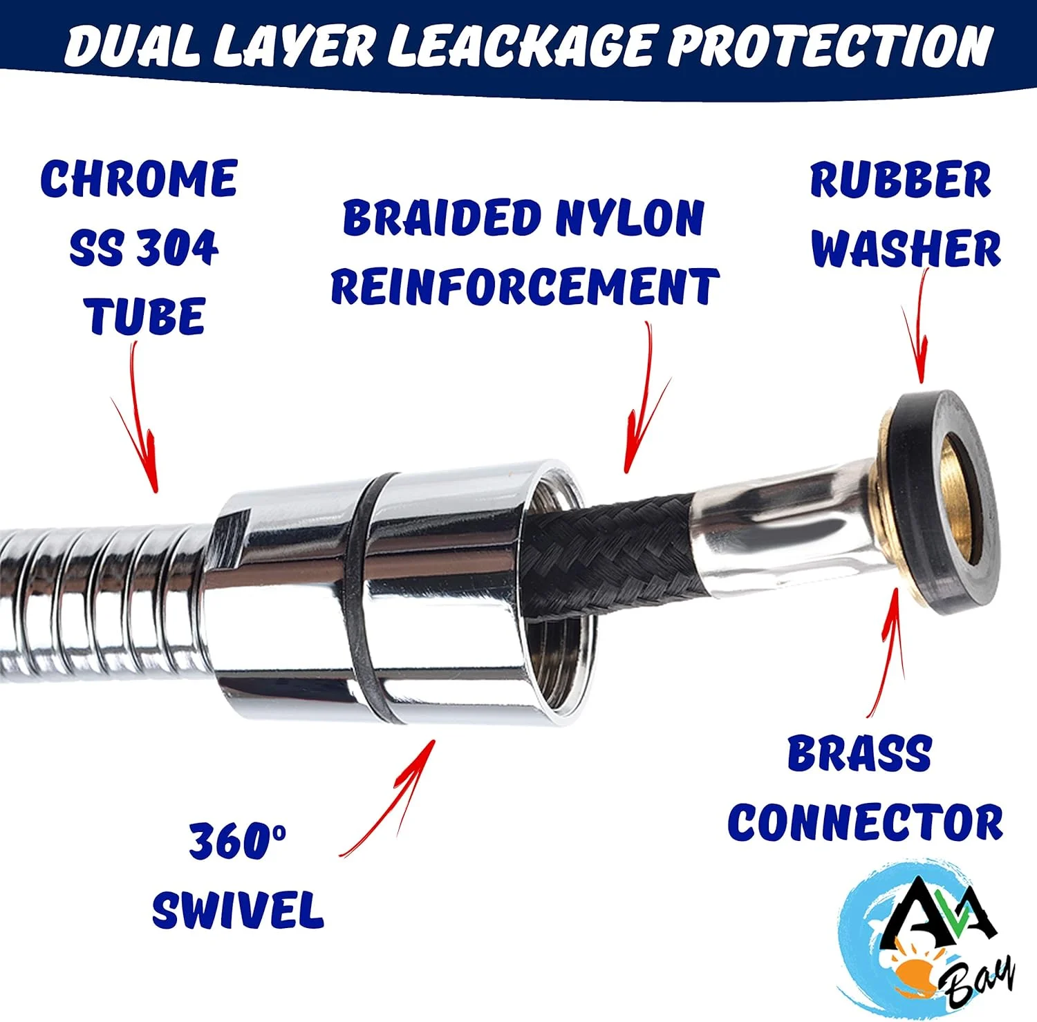 شلنگ بیده آوابای 70 اینچی - شلنگ بلند استیل ضد زنگ سردوش حمام، قطعه جایگزین برای اسپری دستی توالت با اتصال برنجی، کروم براق