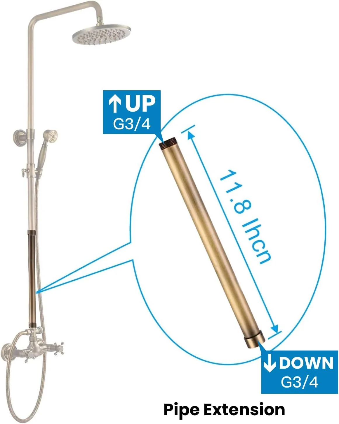 میله افزایش ارتفاع شیر دوش گاتونوو، برنجی عتیقه 12 اینچی، مناسب برای سیستم دوش و استفاده تجاری