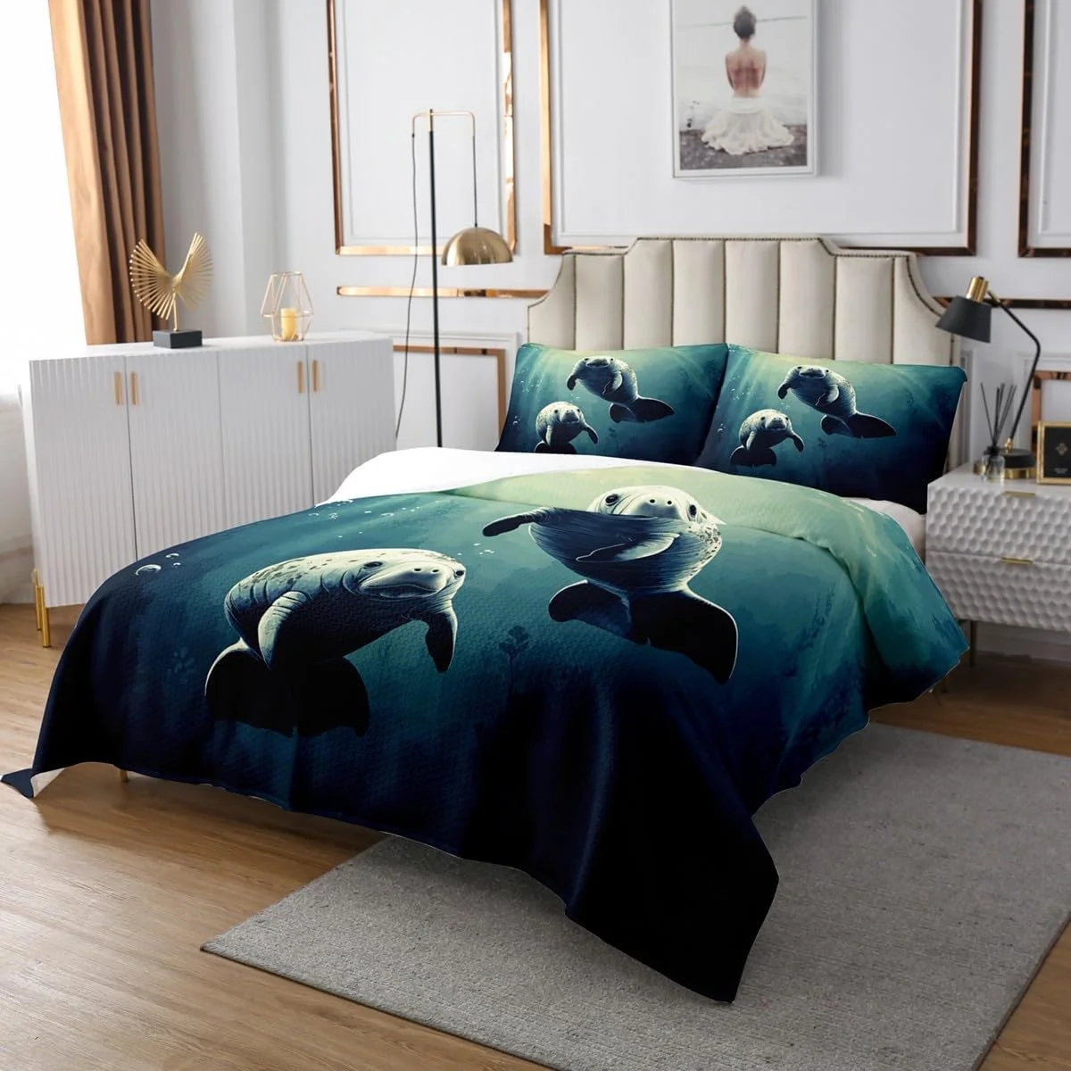 روتختی طرح گاو دریایی Feelyou، سایز یک نفره، مناسب اتاق پسران و دختران، طرح حیوانات دریایی، لحاف طرح دار، ست روتختی حیوانات زیبا، تزئین اتاق، 1 عدد روتختی + 1 عدد روبالشی