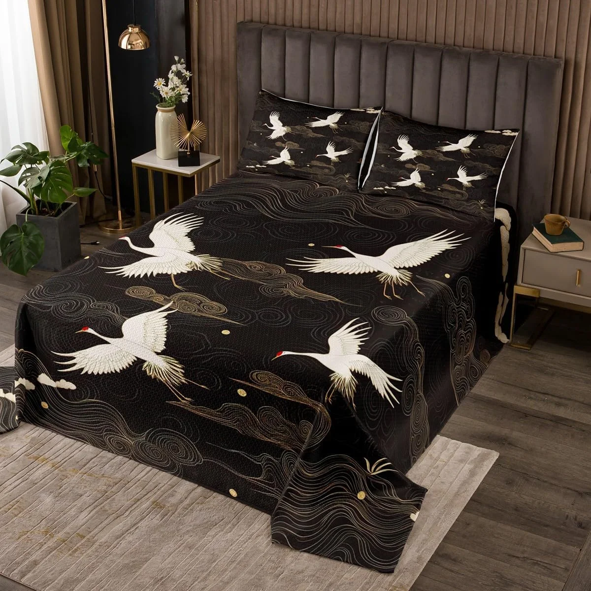 Feelyou رو تختی طرح درنای ژاپنی مناسب کودکان، سایز کینگ، طرح سنتی و رترو، ست رو تختی لحاف دار طرح پرنده زیبا مناسب اتاق پسران و دختران، 1 عدد رو تختی + 2 عدد روبالشتی