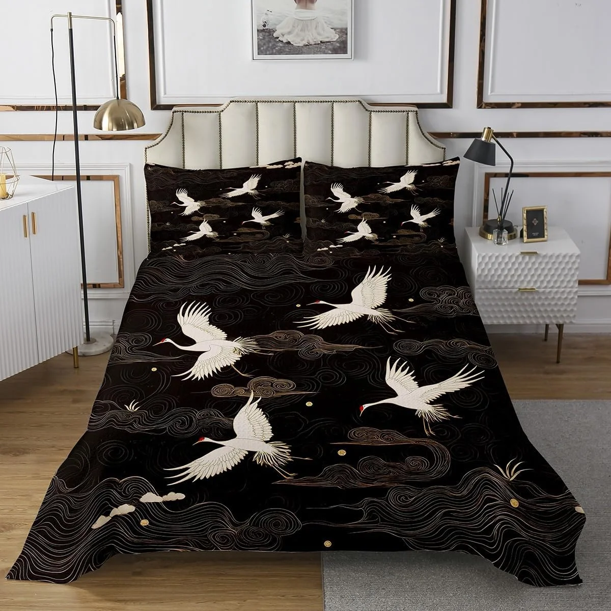 Feelyou رو تختی طرح درنای ژاپنی مناسب کودکان، سایز کینگ، طرح سنتی و رترو، ست رو تختی لحاف دار طرح پرنده زیبا مناسب اتاق پسران و دختران، 1 عدد رو تختی + 2 عدد روبالشتی