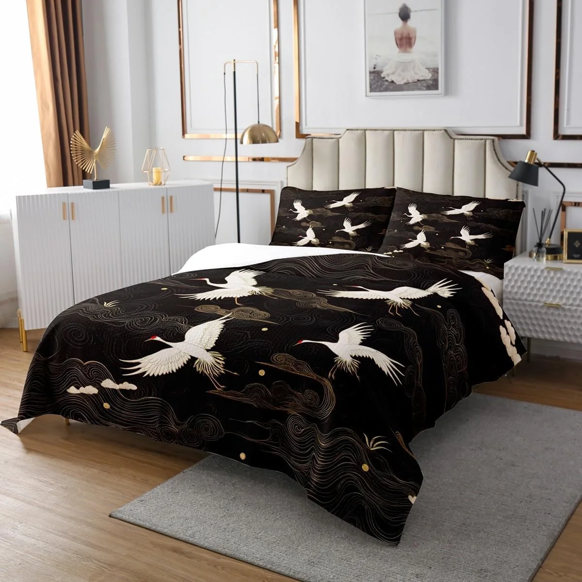 Feelyou رو تختی طرح درنای ژاپنی مناسب کودکان، سایز کینگ، طرح سنتی و رترو، ست رو تختی لحاف دار طرح پرنده زیبا مناسب اتاق پسران و دختران، 1 عدد رو تختی + 2 عدد روبالشتی